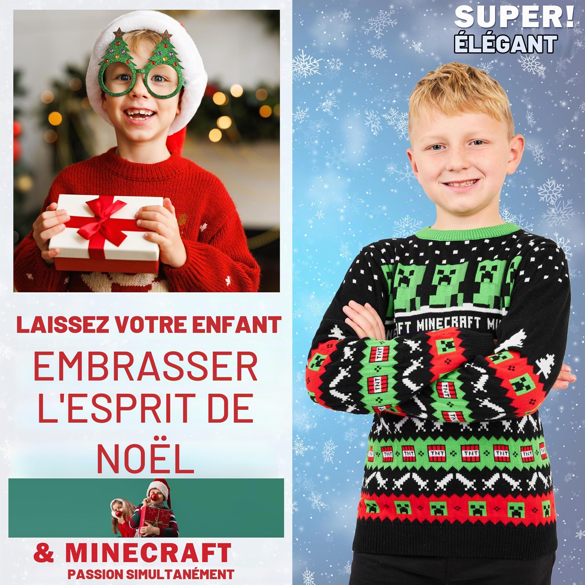 Minecraft Pull de Noel Garçon, Pull Chaud en Tricot pour Enfant et Ado - Idée Cadeau Gamer