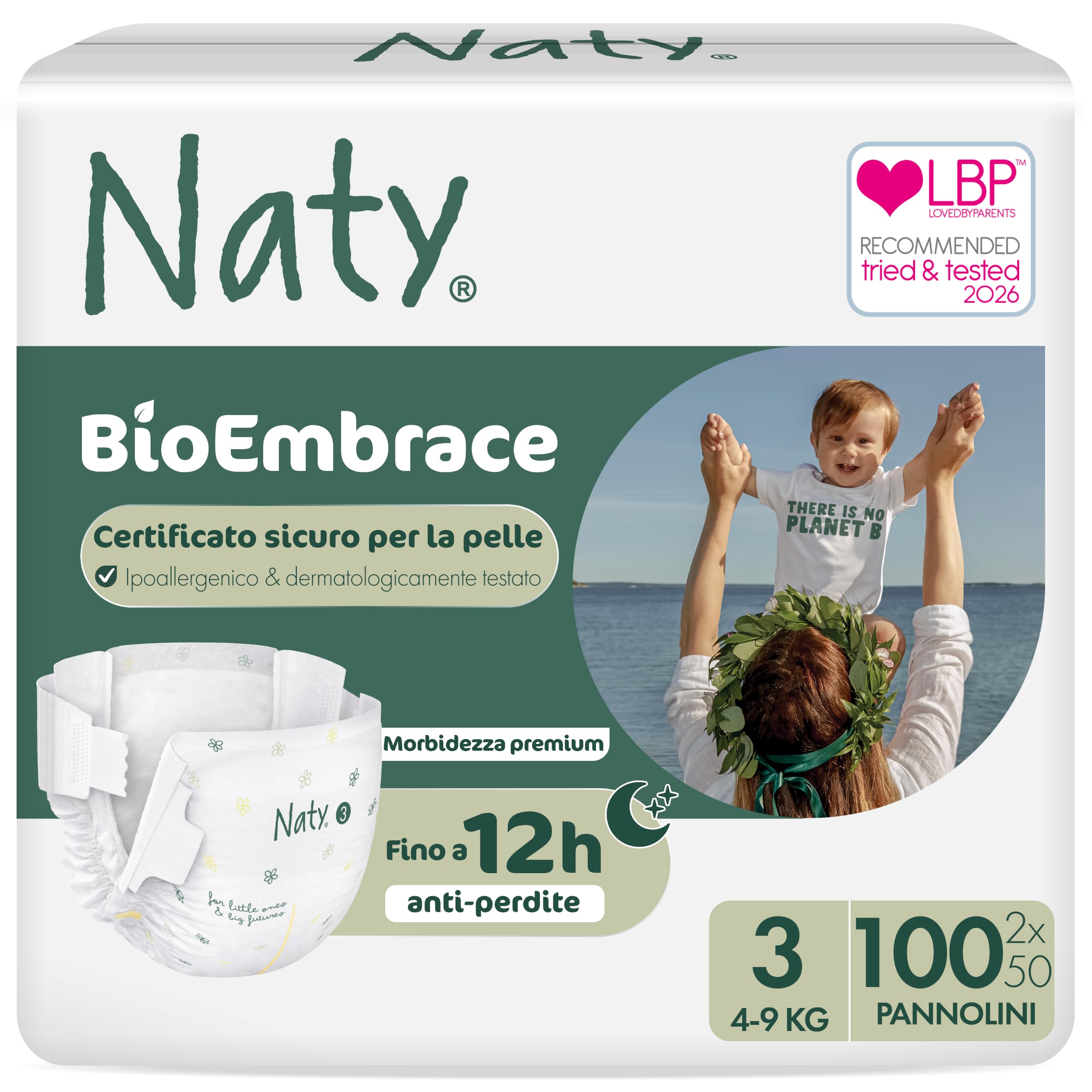 Naty BioEmbrace Pannolini, Taglia 3 (4–9kg), 100 pezzi | Ipoallergenico per Pelle Sensibile, Fino a 12 Ore di Protezione dalle Perdite, Assorbente, Morbidezza di origine vegetale