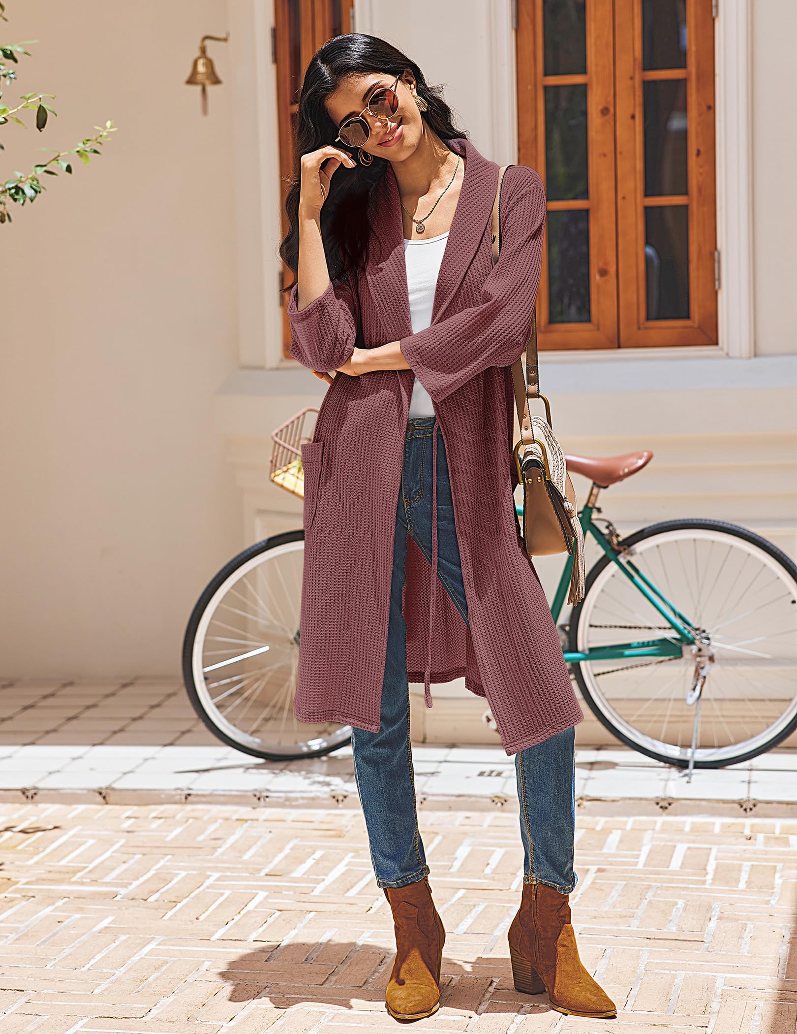 Ekouaer Morgenmantel Damen Waffelpique 3/4-Ärmeln Hausmantel Leicht Weich Hausanzug Kurz Kimono Robe