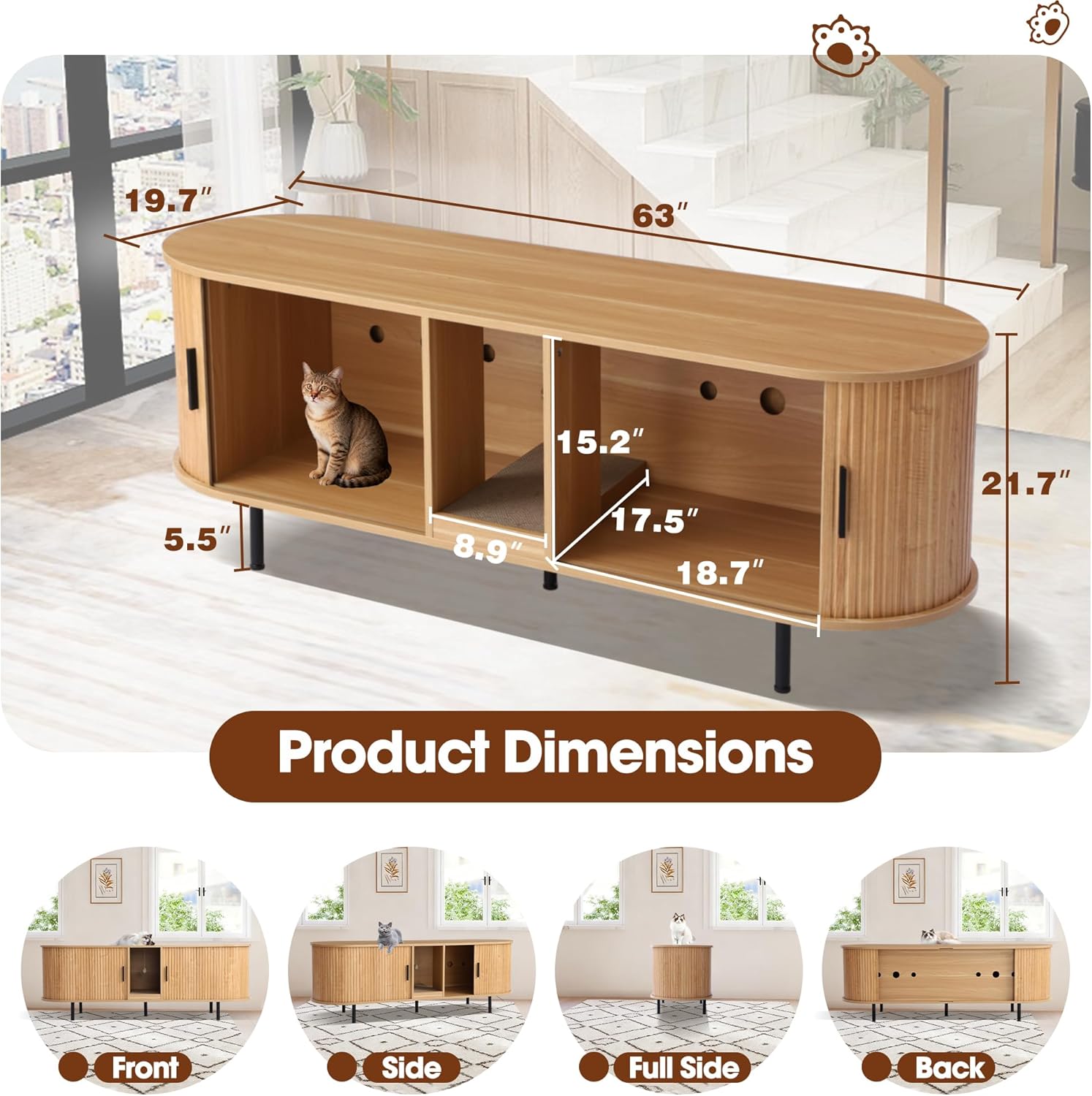 Grepatio Double Cat Litter Box Enclosure, 63" Fluted Hidden Litter Box Furniture for 2 Cats, Wooden Large Litterbox Cabinet with Scratch Pad and Ball, Indoor Cat House for Living Rooms (Natural, 63")