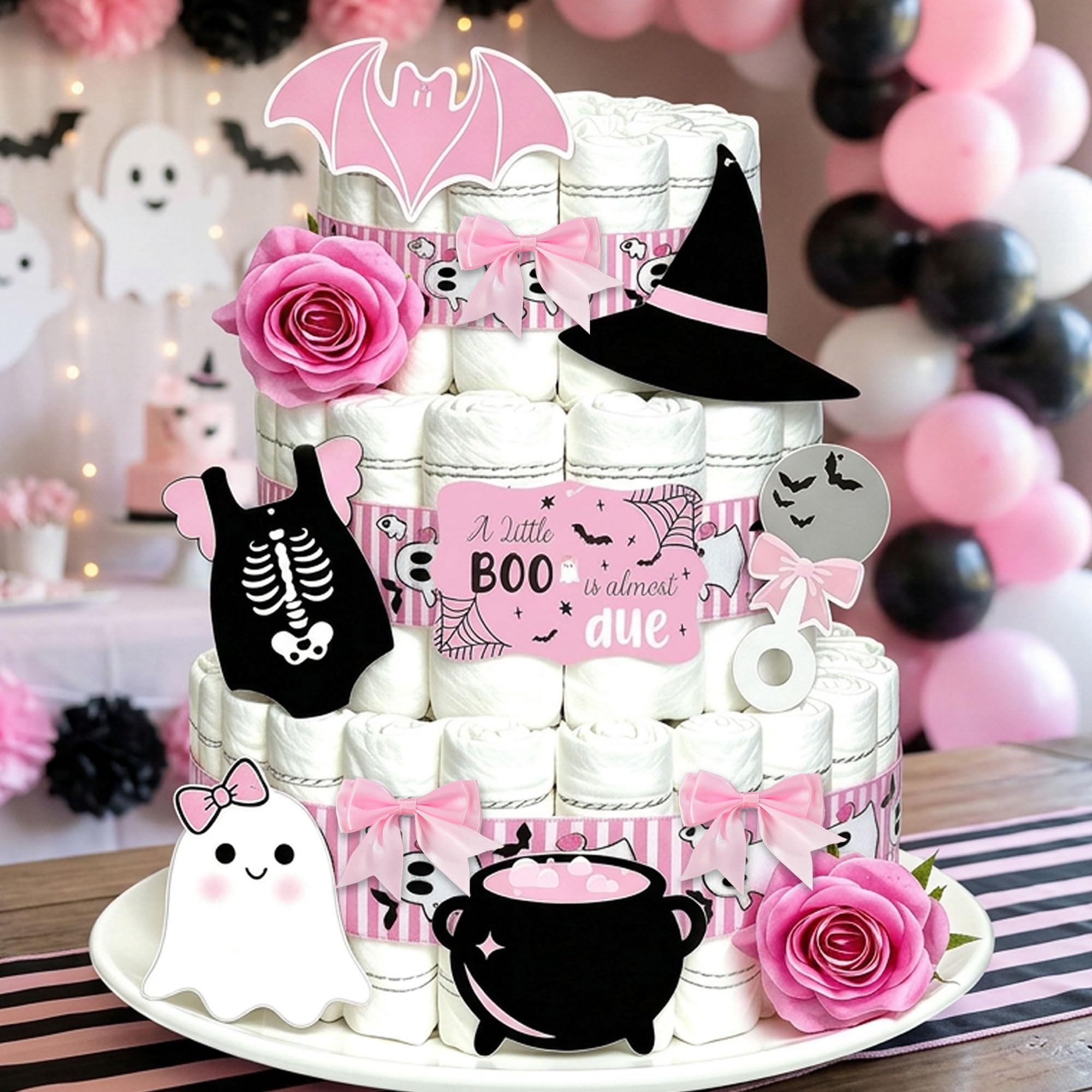 Pink Halloween Diaper Cake Decorations Ghost Patterned Ribbons