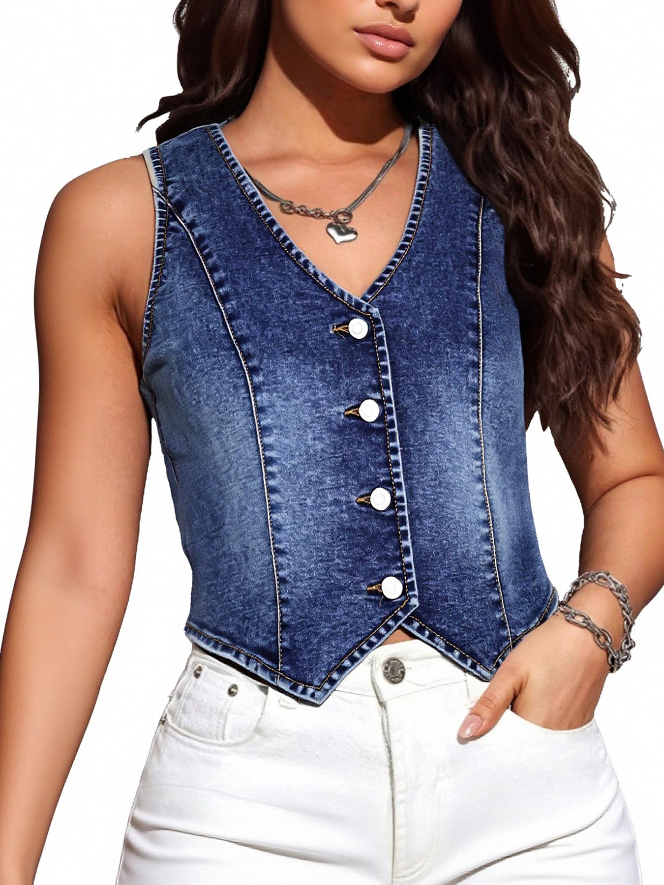 Denim Vest Sleeveless V neck Western Jean Top for Women Jacket Single Breasted Crop Trendy Waistcoat Slim