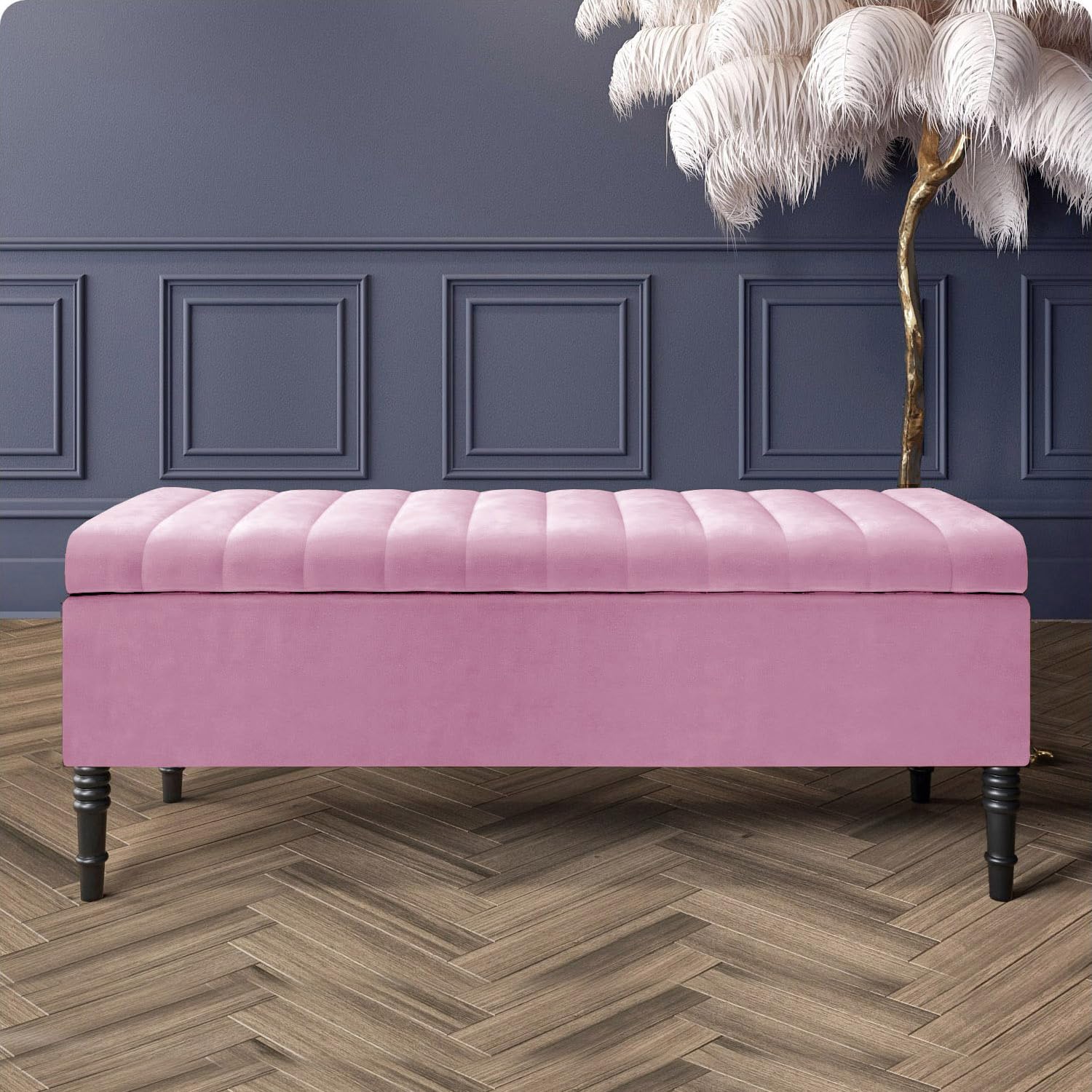 Paris Velvet Ottoman Storage Bench with Legs, End of Bed Blanket Box with Extra Deep Hidden Storage & Hinged Lid, Upholstered Ottoman Storage Box, Shoe Storage Ottoman, Padded Entryway Seat