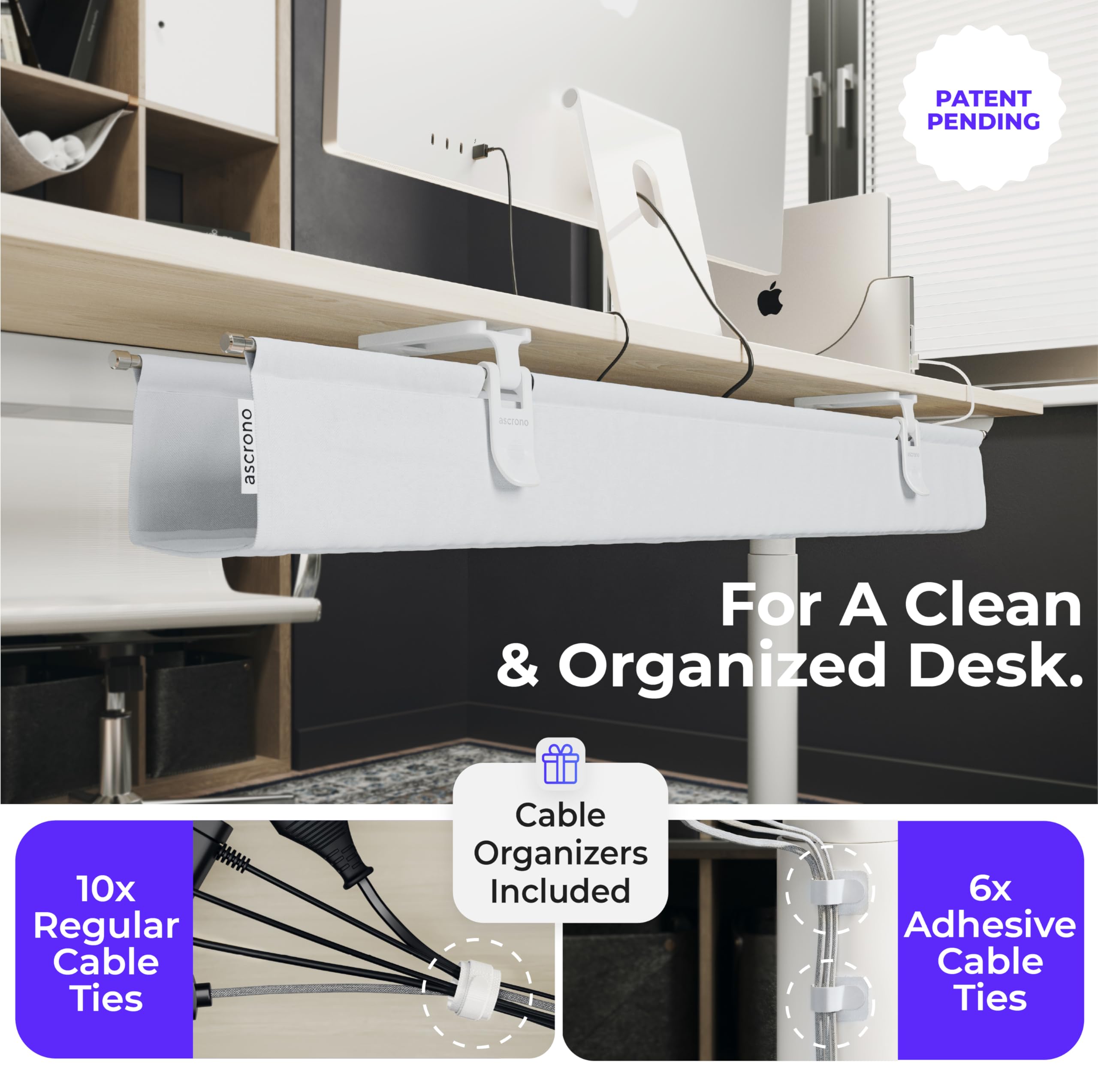 Ascrono Plateau de gestion de câbles sous le bureau original sans perçage 136,9 cm – Tissu blanc de qualité supérieure – Organiseur de cordons à pince/vis – Supporte jusqu'à 30 kg – Taille XL
