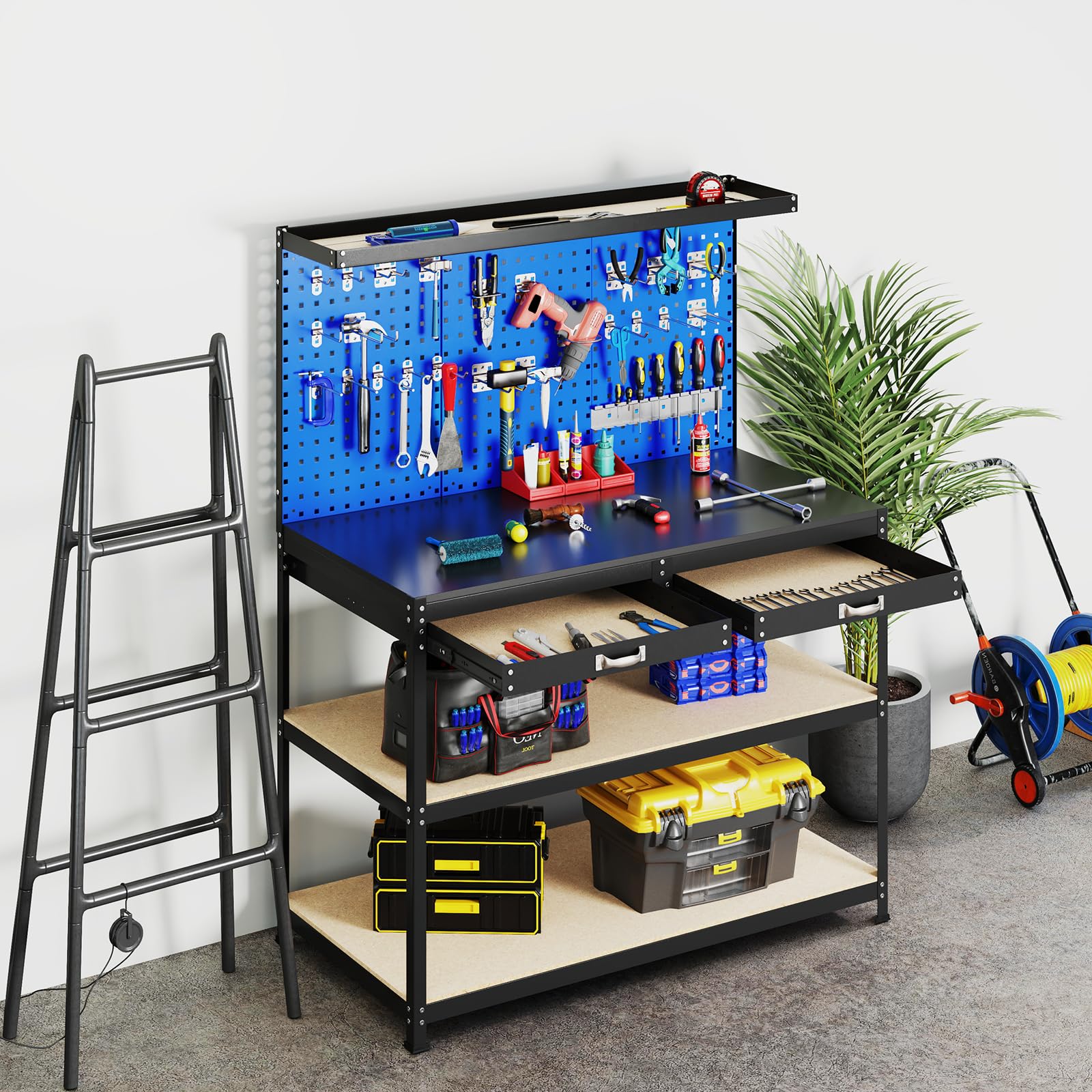 SOARS Banco da Lavoro, Organizer per Attrezzi in Metallo con 3 Pannelli Perforati con Kit di 24 Ganci, 2 Cassetti e 2 Ripiani, Banchi da Lavoro per Officina, Garage (Blu, 121 X 61 X 156 CM)