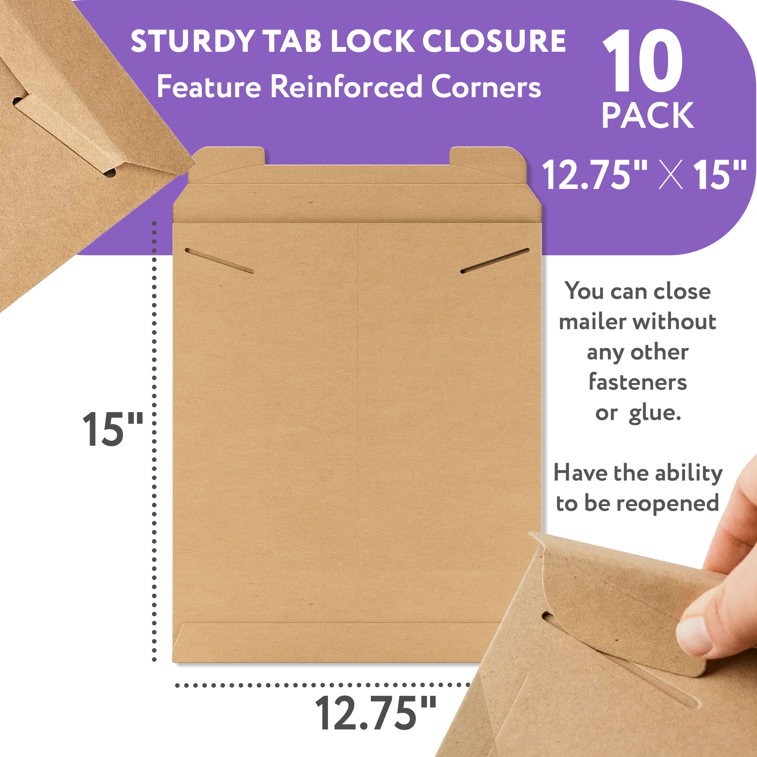 50-Pack 17x21 Kraft No-Bend Tab Lock Mailers – Rigid Photo/Document Envelopes