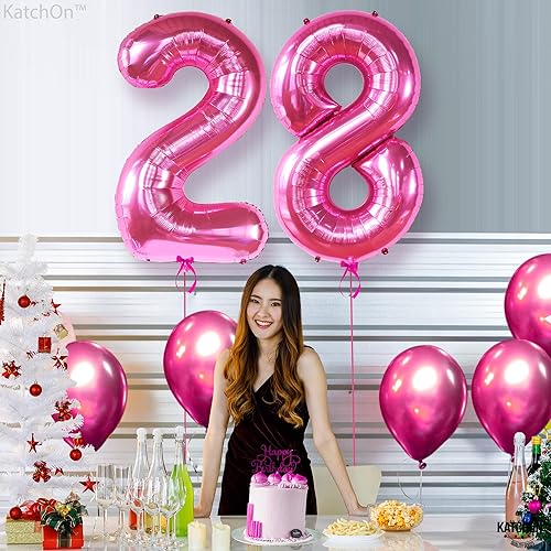 Miniatura 7 de KatchOn, Globo rosa intenso del número 28, 40 pulgadas, globos de cumpleaños de 28 años de color rosa intenso, decoración de cumpleaños de 28 para