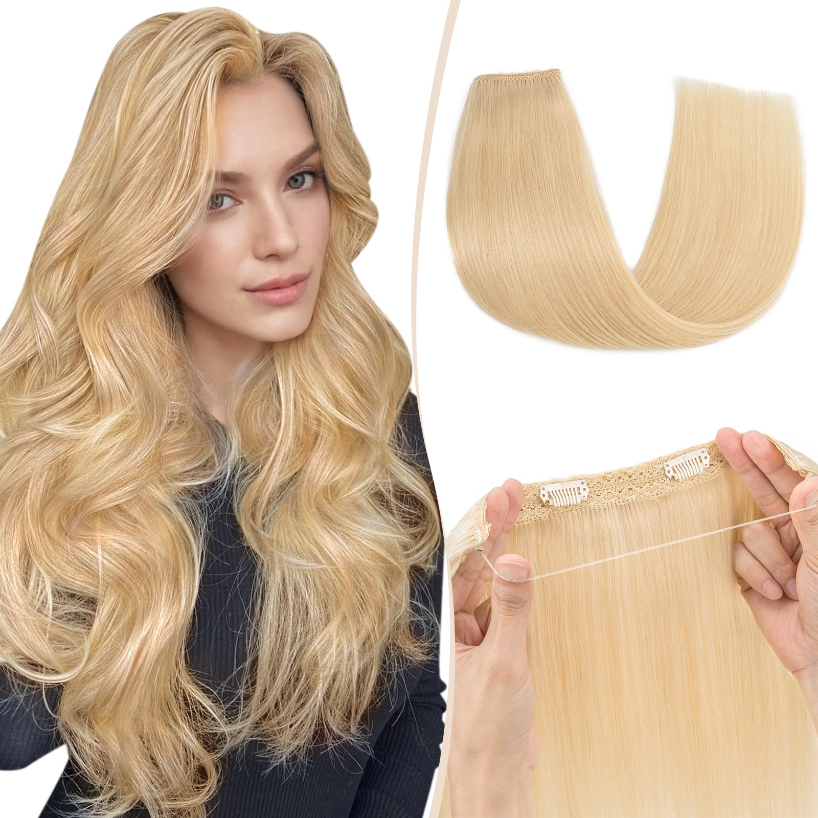 Benehair Real Human Hair Wire Extensions for Women One Piece Straight Adjustable #60 Platinum Blonde Invisible Wire Clip in Hair Extensions 18 Inches (65g)
