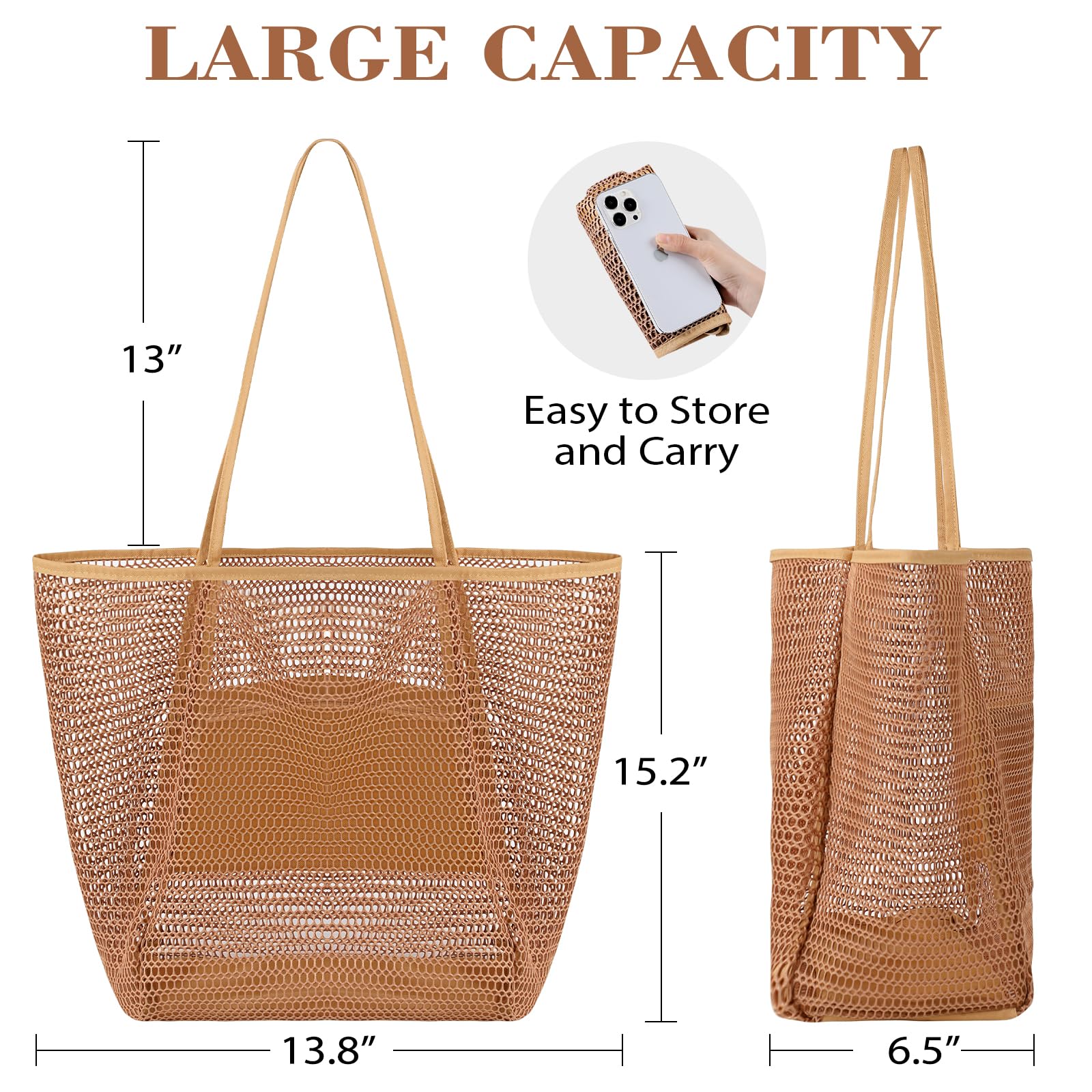 Bolsa de playa de malla, bolsas de playa para mujer, bolsa de playa tejida de paja impermeable con bolsillo interior, bolsa de playa plegable, Caqui, Talla única 3
