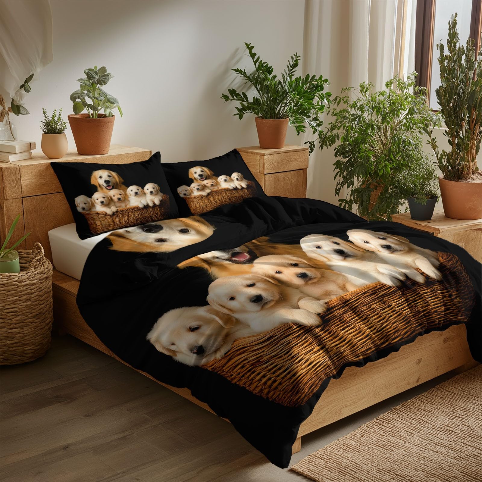 Poszwa na kołdrę Łóżko 105 Zwierząt Rodzina Golden Retriever 200 x 200 cm Miękki zestaw pościeli, czarny zestaw poszewek z mikrofibry Edredon i 2 poszewki na poduszki, łatwa pielęgnacja