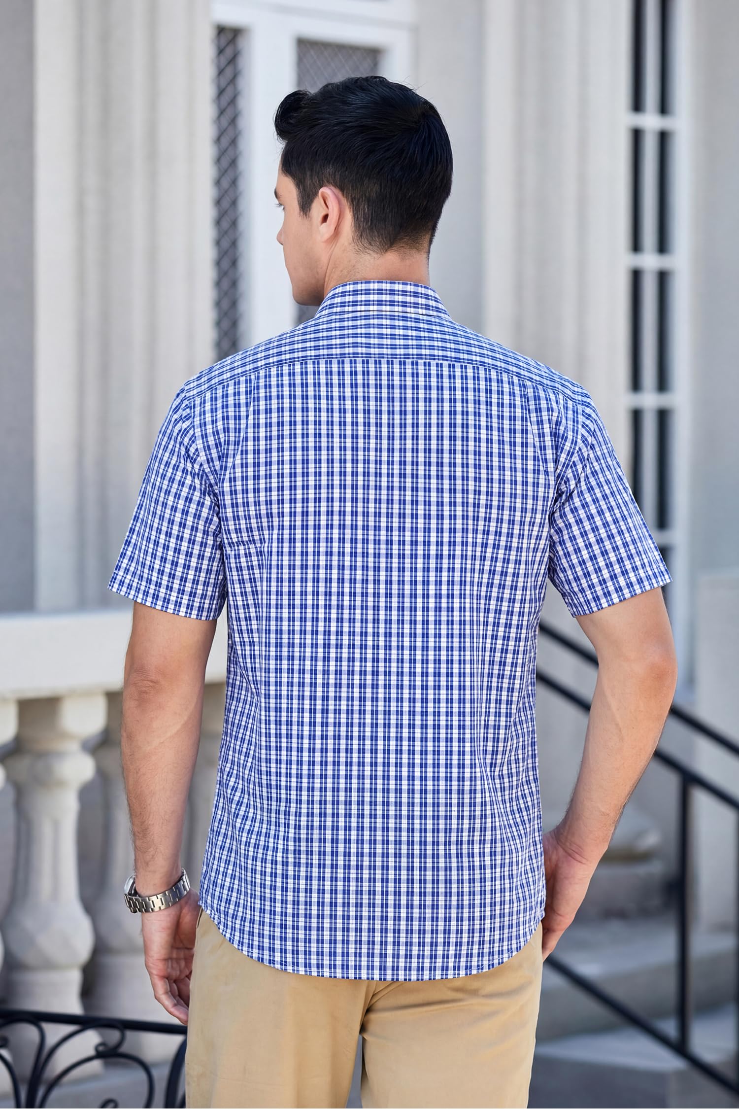 HISDERN Camisa Cuadros Hombre Manga Corta Camisas Verano Hombre Casual Clásica Botones Algodón con Bolsillo Regular Fit