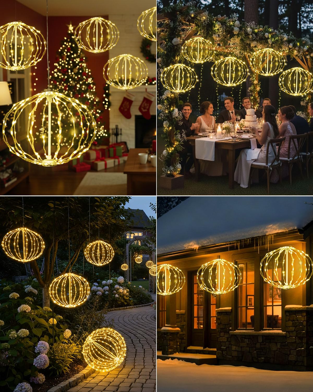 Bowfar Guirlande Lumineuse Extérieure Électricité, 20 cm Pack de 4 Grande Boule Guirlande Lumineuse Suspendue Arbre de Noël avec Télécommande Minuterie, Globe Éclairage de Noël, Blanc Chaud