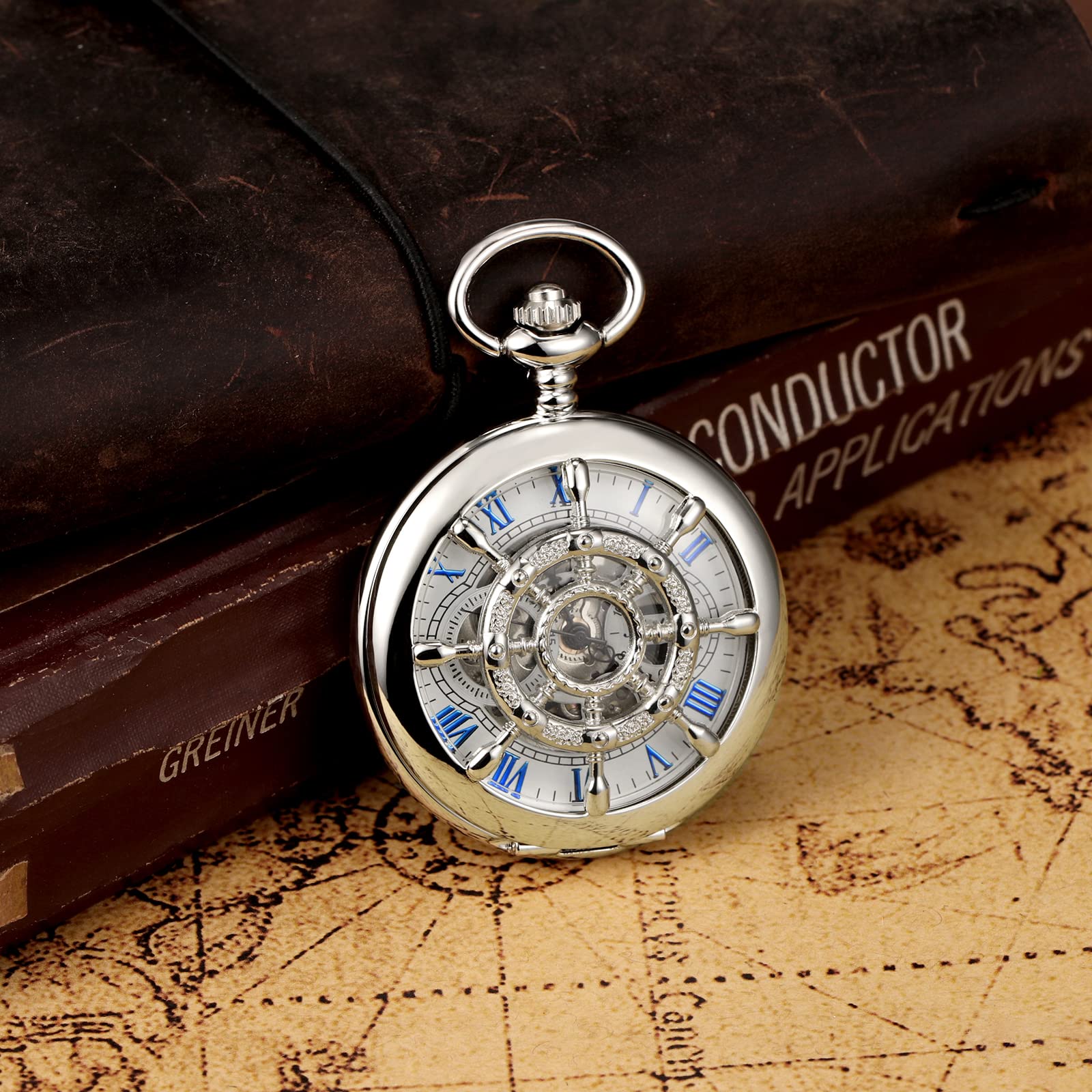 TREEWETO Reloj de Bolsillo Vintage Timón Hueco Mecánico Steampunk Esqueleto Números Romanos Reloj de Bolsillo con Cadena para Hombres Mujeres