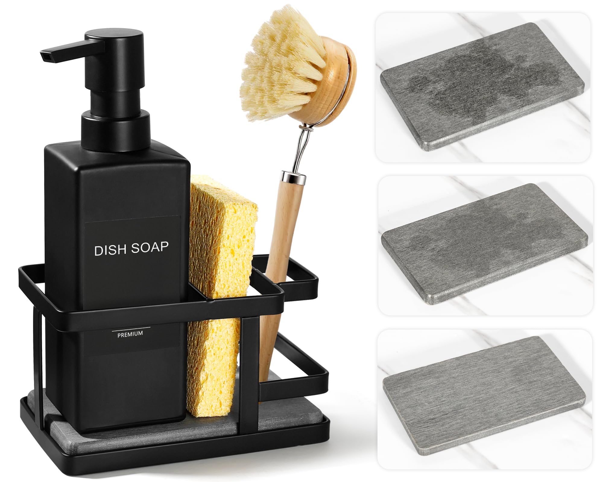 GMISUN Dish Soap Dispenser for Kitchen, 3-in-1 Kitchen Soap Dispenser with Sponge Holder, Customized Matte Black Kitchen Soap Dispenser Set with Labels, Modern 12 fl oz Dish Soap Dispenser Removable
