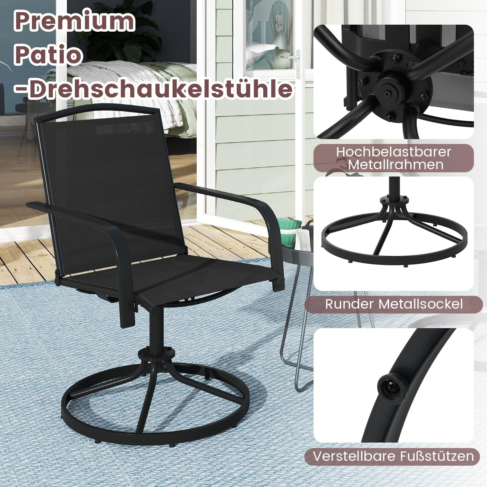 COSTWAY Gartenstühle 360° drehbar, 2er Set Terrassenstühle mit schnell trocknendem Stoff, Drehstühle, Balkonstühle bis 150 kg belastbar für Garten, Hinterhof, Balkon (Schwarz)