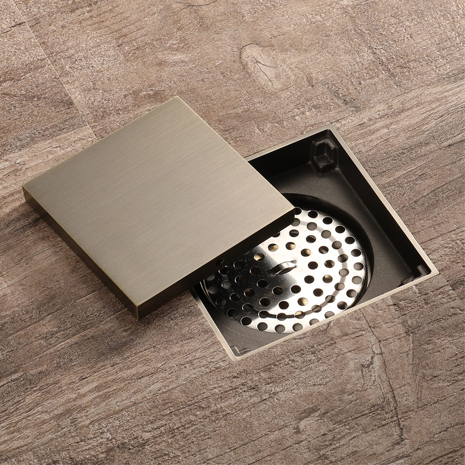Desagüe de Suelo de Ducha de 100 x 100 mm, Cuadrado, Invisible, con Insertos de baldosas extraíbles en la Cubierta de la Rejilla, desagüe de Suelo de latón, Cobre Antiguo