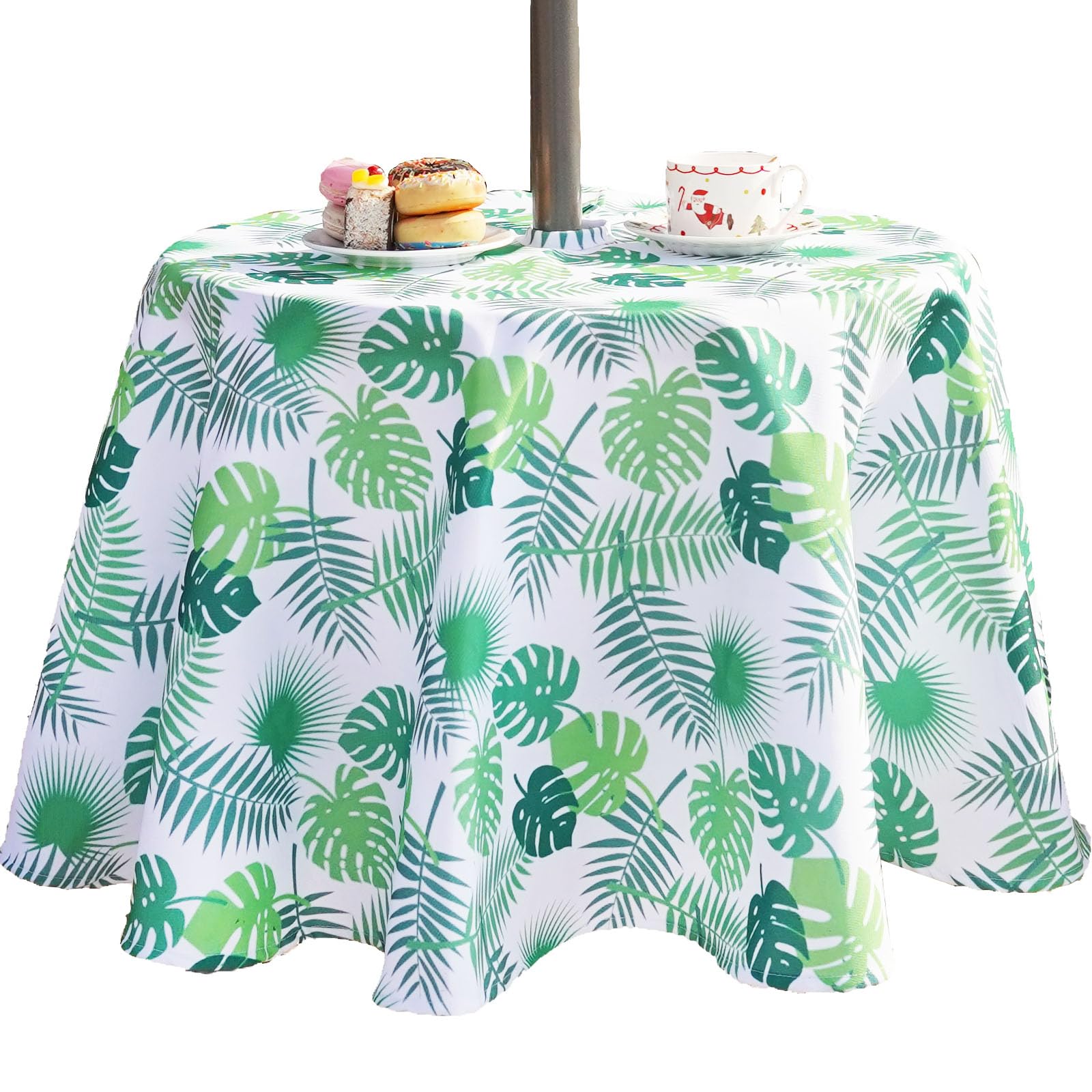 Eternal Beauty 152cm Round Little Leaf Indoor Outdoor Splashproof Tablecloth with Umbrella Hole and Zipper for Patio Garden Party and BBQ (60")