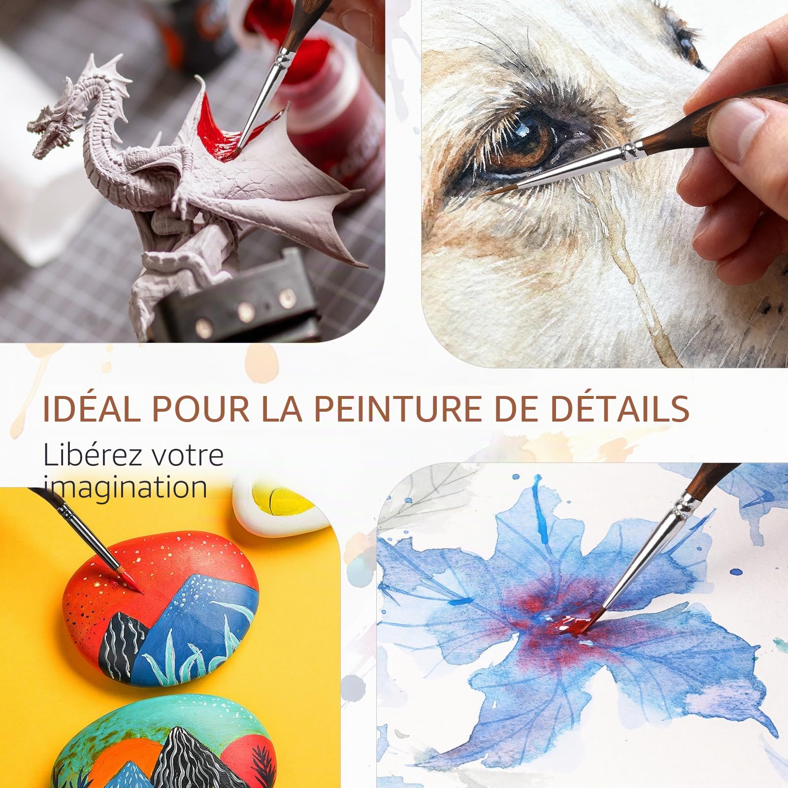 Nicpro 7 Pinceaux Miniatures Poils de Martre Kolinsky, Pinceaux Peinture Professionnels Pointe Ronde avec Étui Tissu pour Acrylique Figurines Modélisme