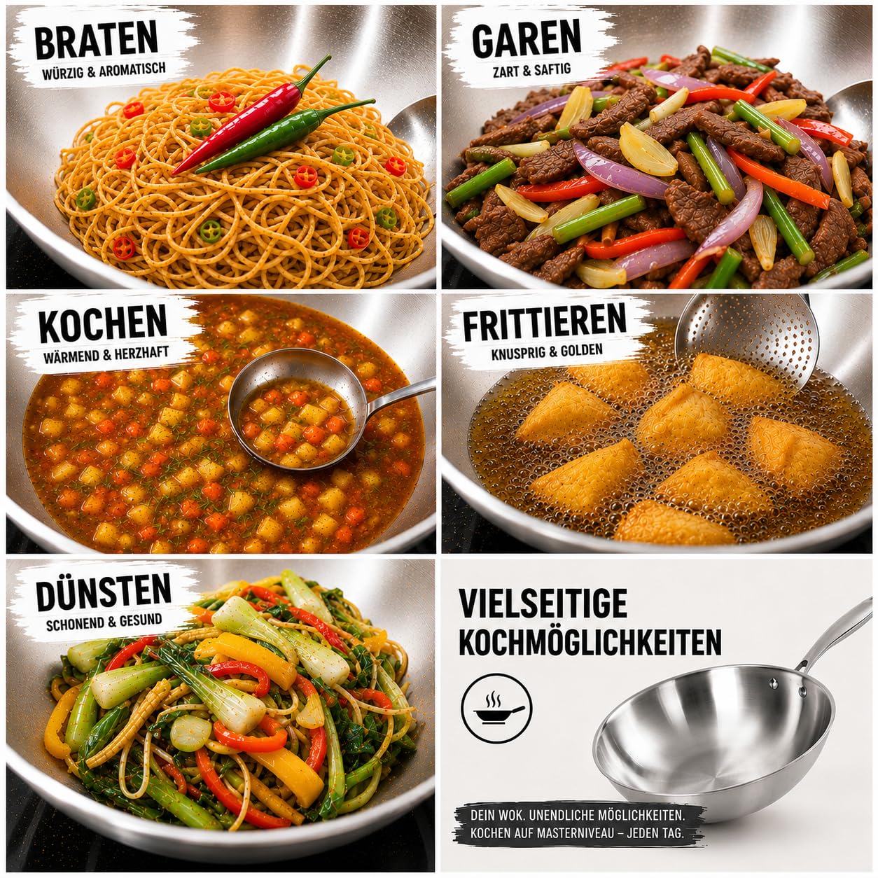 ⌀30 cm Wok Pfanne aus Edelstahl, unbeschichtet & langlebig, 3-lagiges Material für optimale Wärmeverteilung, mit Glasdeckel, vielseitig verwendbar, für alle Herdarten geeignet