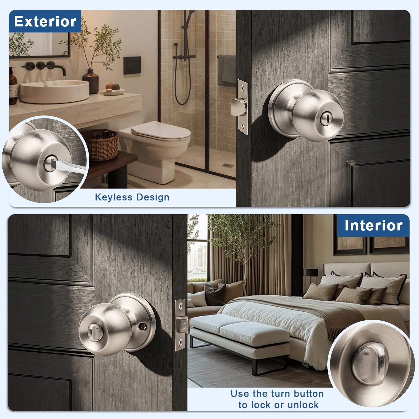 Privacy Door Knobs - 2 Pack Satin Nickel -3 Privacy Door Knobs - 2 Pack Satin Nickel -3