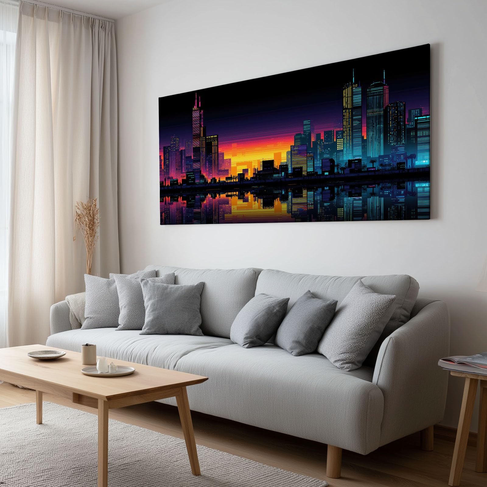 Grand Tableau sur Toile Encadré Gaming Cyber Ville, Photo Peinture Décoration Murale XXL – Affiches Art Moderne Salon Chambre Maison 90x60 cm