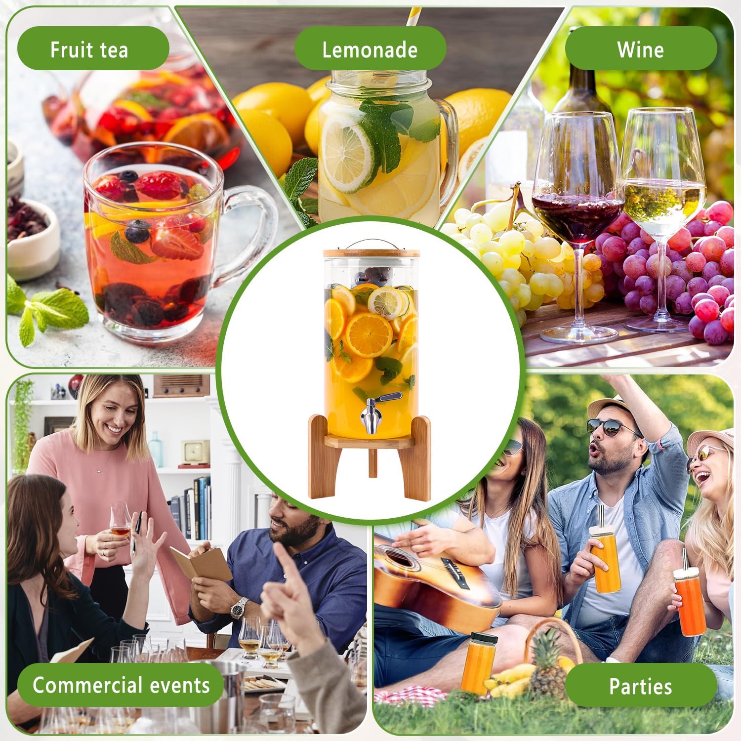 1.3 Gallon Drink Dispenser, Glass Beverage Dispenser with Wood Stand, Lemonade Dispenser with Airtight Valve and Stainless Steel Spigot Fruit Infuser, Thick Drink Dispenser for Parties Restaurants - Image 7