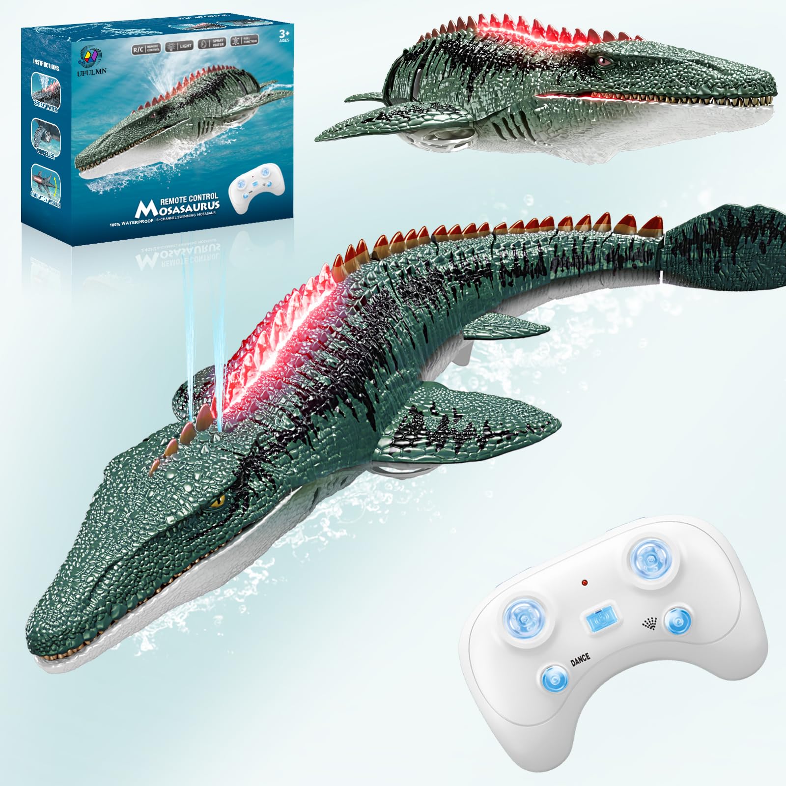 UFULMN Remote Control Mosasaurus Dinosaur Toys for Boys Kids Swimming Pool High Simulation Toys, Electric RC Sea Monster with Light & Spray Water Birthday Gift for Ages 3 4 5 6 7 8 9 — image 1