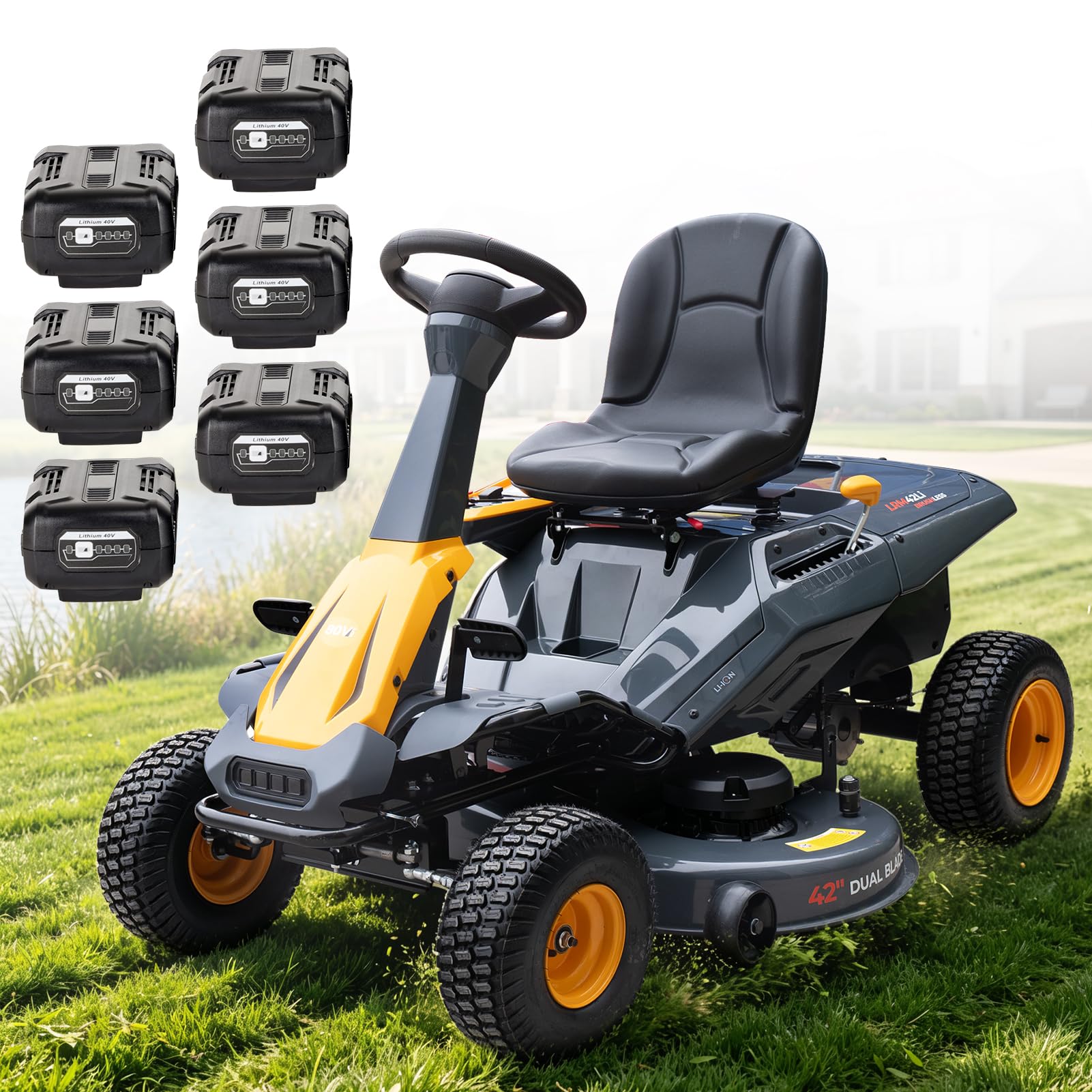 Electric Riding Lawn Mower, Includes (6) 40V 6.0Ah Batteries and Charger, Riding Lawn Tractor with 42" Deck Cordless Tractor