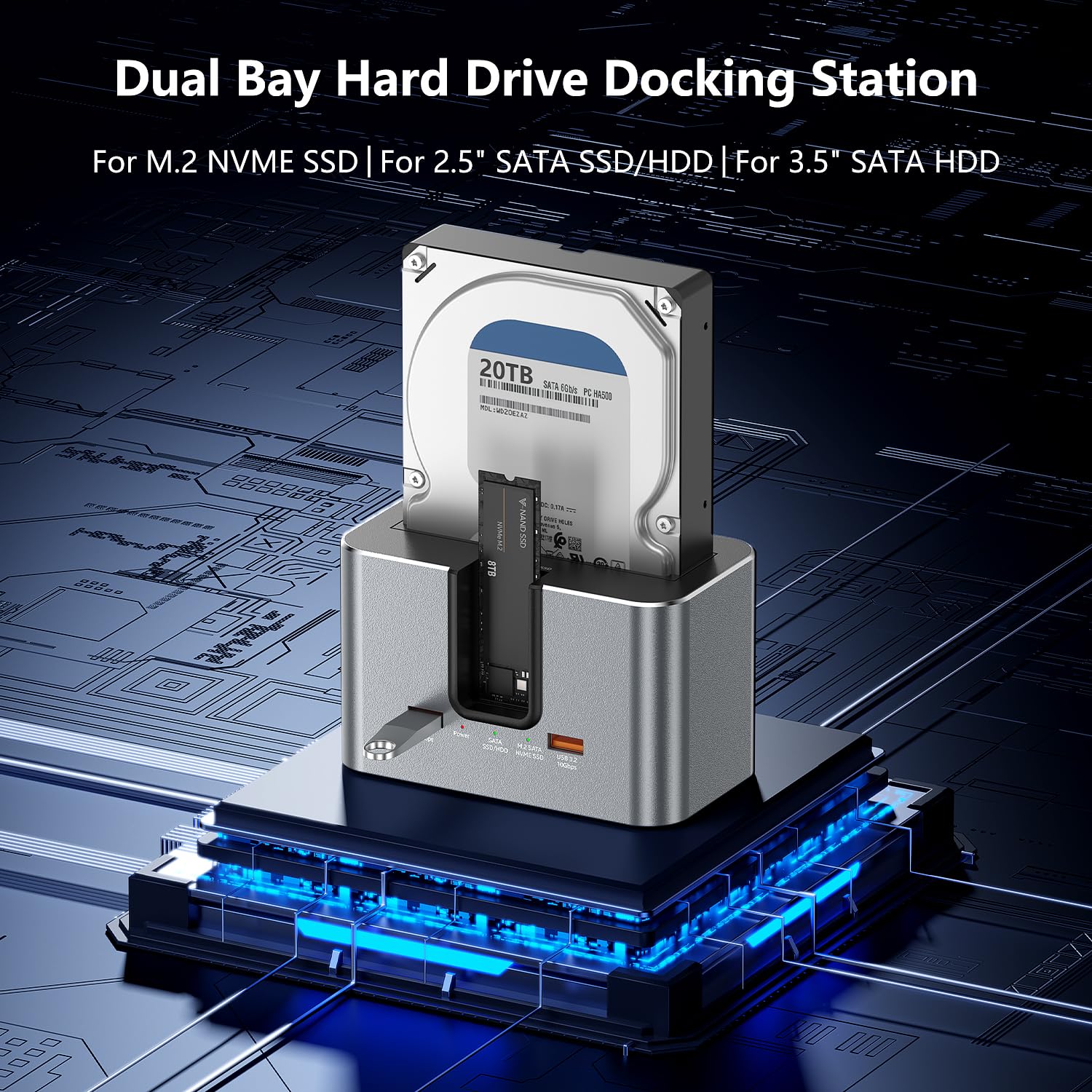 Enclosure per disco rigido a 2 alloggiamenti per HDD/SSD SATA da 2,5" e 3,5" e SSD M.2 NVMe, interfaccia USB 3.2 da 10 Gbps, fino a 28 TB
