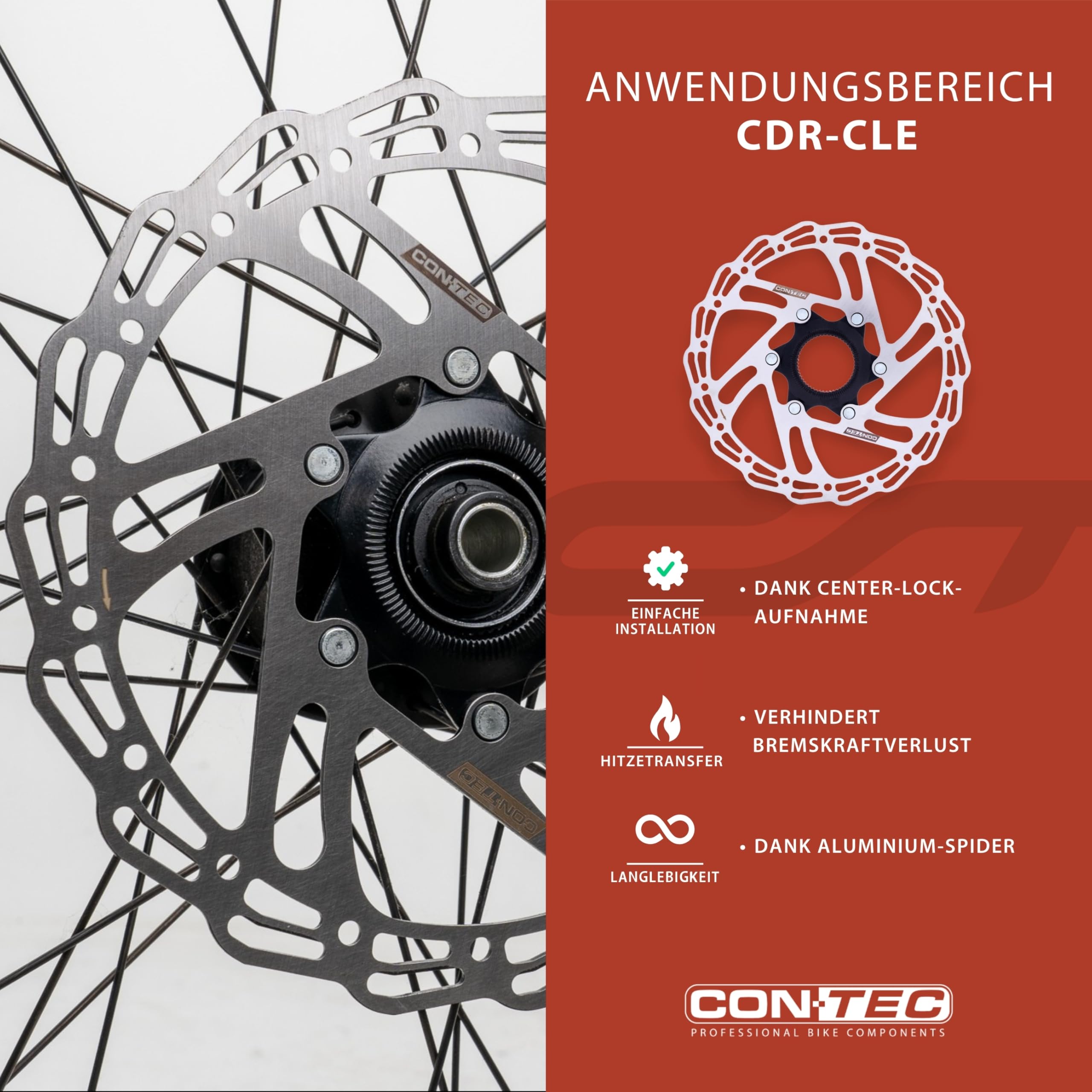 CONTEC Fahrrad-Bremsscheibe CDR-CLE, 203 mm, 207 g, Aluminium-Spider, Center Lock, E-Bike kompatibel, Edelstahl, hitzebeständig, einfache Montage, silber