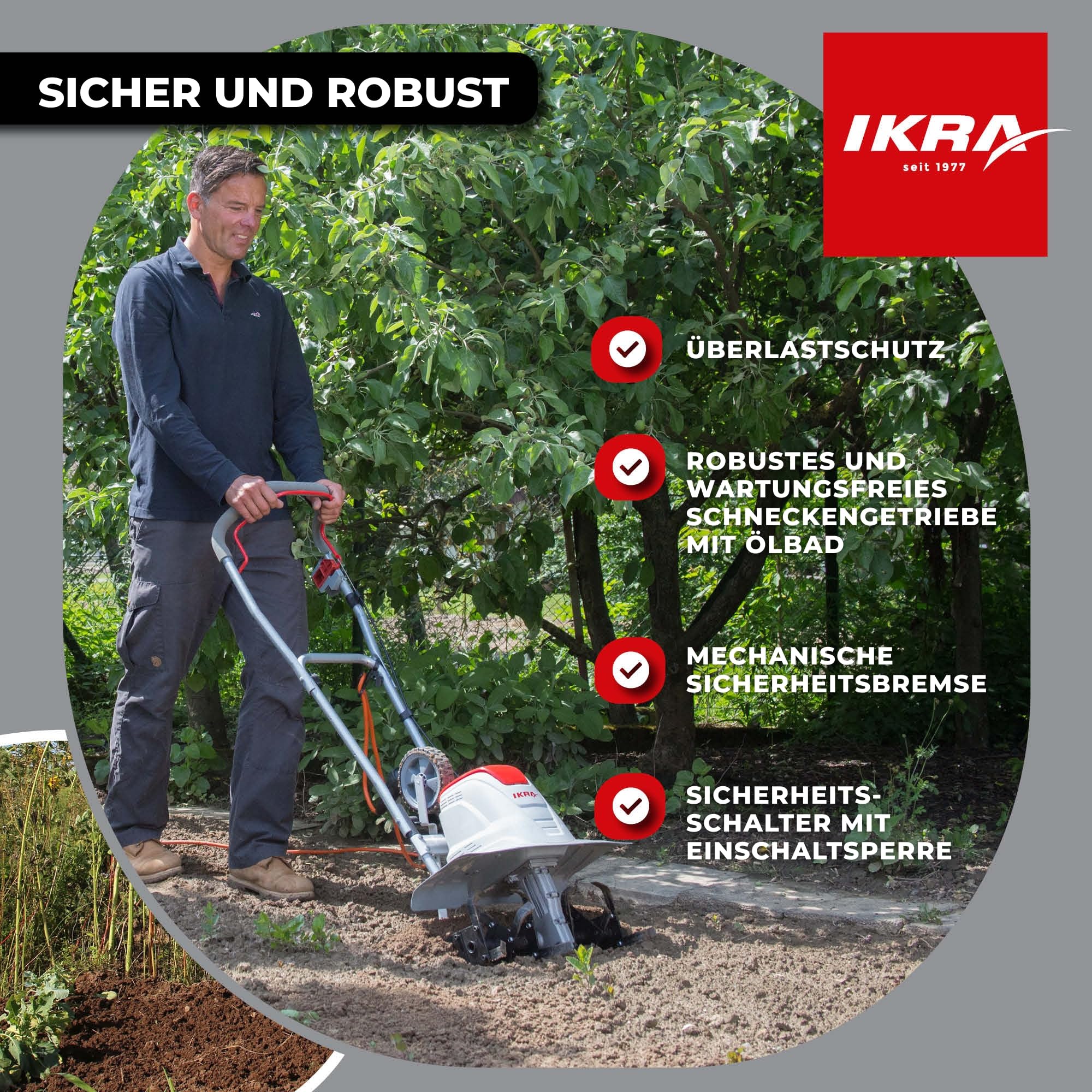IKRA Elektro Bodenhacke FEM 1500, Breiten 17, 30 & 45 cm, inkl. Häufelpflug | Boden lockern und Saatbett vorbereiten, 1500W, Arbeitstiefe 23cm, Bremssporn, Transportrad, zusammenklappbar, Überlastschutz