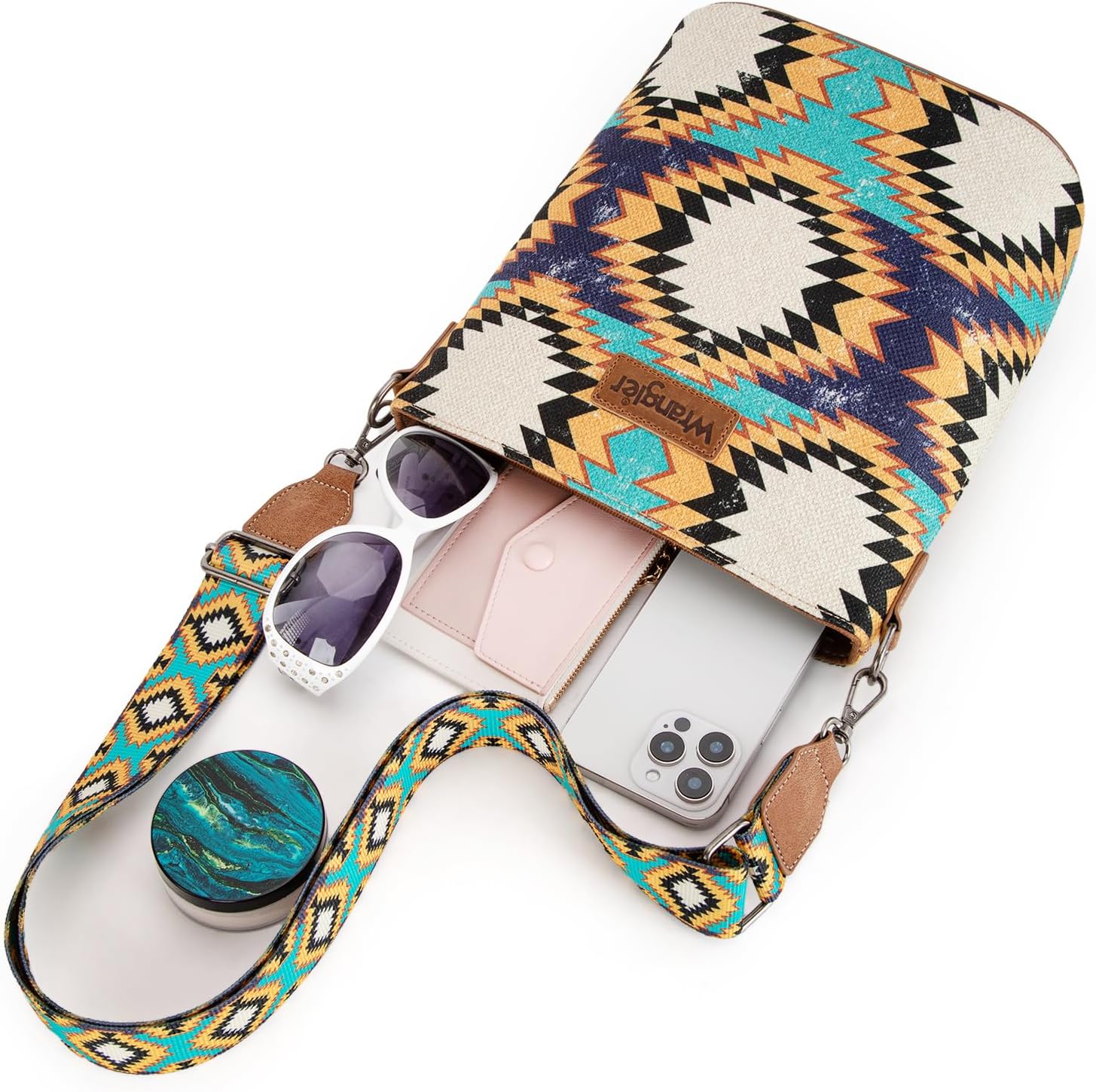 Wrangler Aztec Crossbody Bags for Women Southwestern Print Canvas Shoulder Purse with Distressed Look and Adjustable Strap