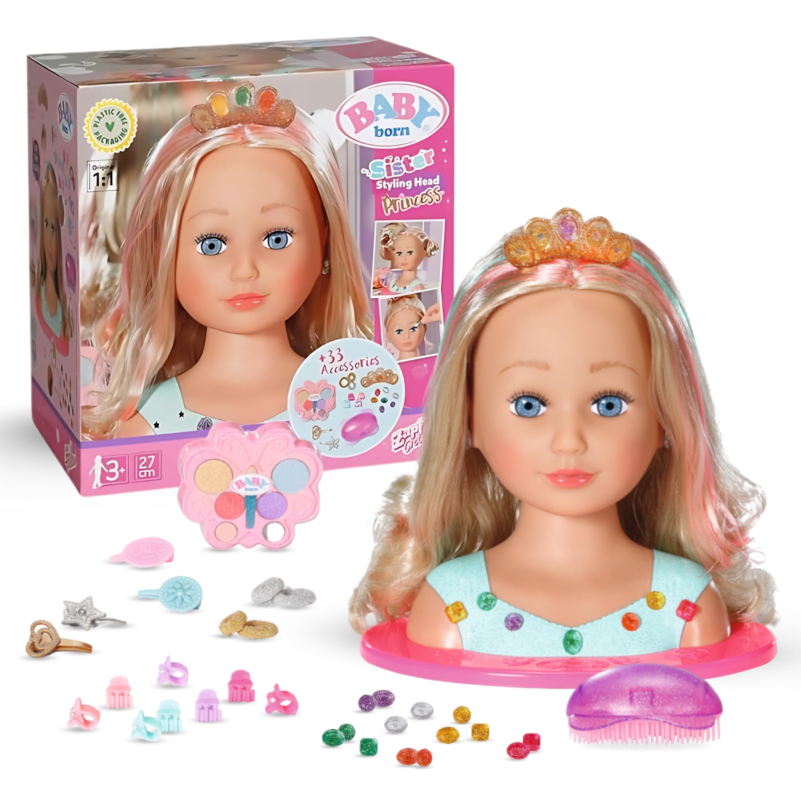 Baby born Cabeza de Peinado Princesa con Accesorios | Paleta de maquillaje, cepillo y accesorios de peinado, pelo largo