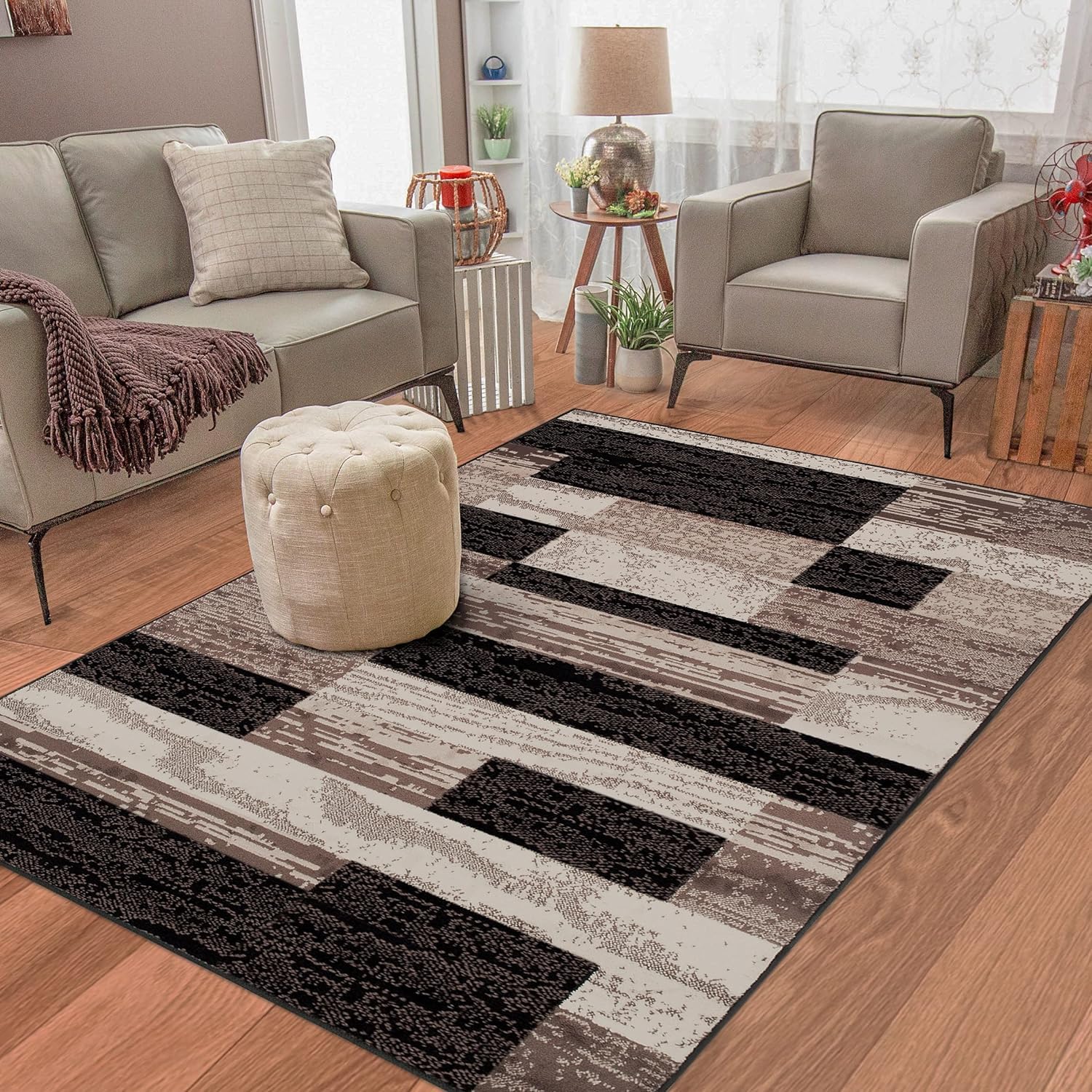 Superior Indoor Area Rug, Plush Carpet Cover, for Kids or Pets, Hallway, Entryway, Living Room, Dining, Bedroom, Office, Kitchen, Modern Geometric Patchwork, Rockwood Collection, 12' x 15', Chocolate