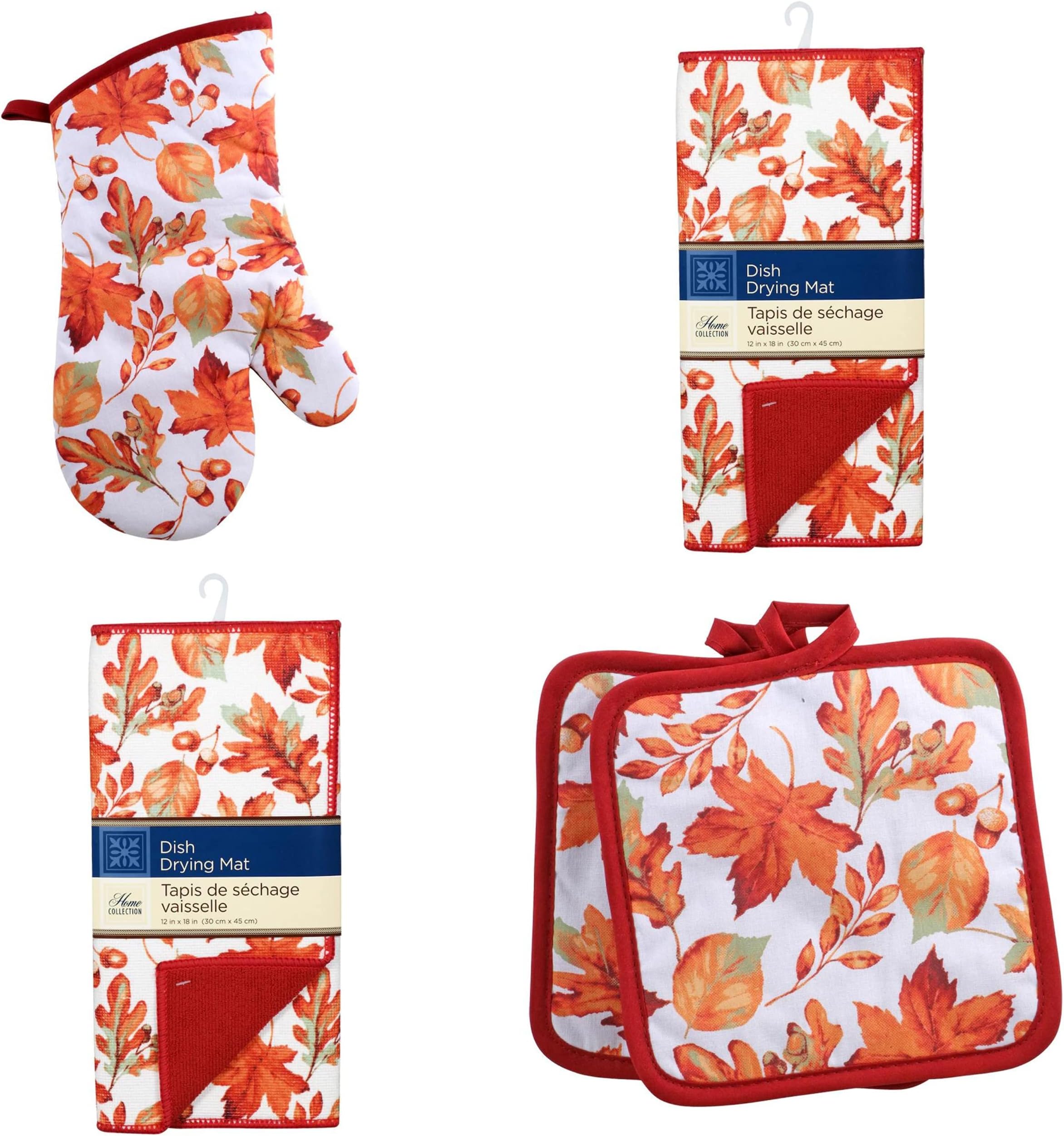 SBE 5pcs/Set Autumn Fall Leaves Design Set Polyester Drying Mats 1pc, Dish Drying Mat 1 pc, Microfiber kitchen Towel 1pc, Pot Holder 2pc.