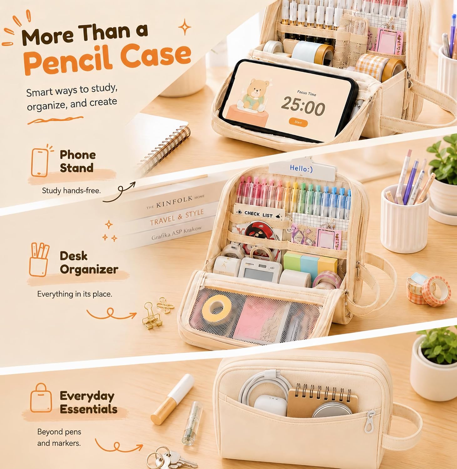 AuraGlor Large Capacity Pencil Case 9 Compartments for Students & Adults (Orange)