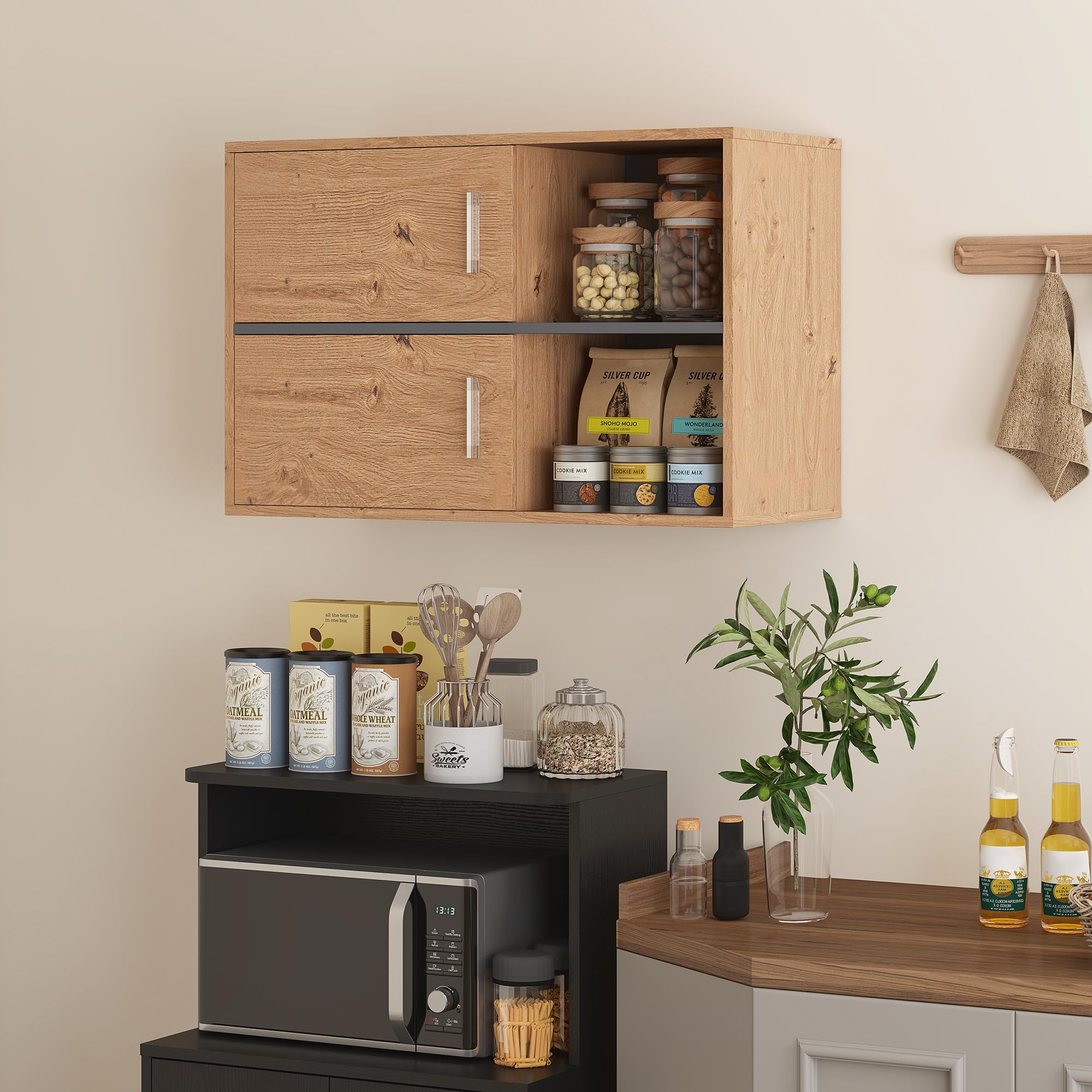 HOMCOM Mueble Auxiliar de Baño 2 Puertas Moderno 80x35x57,5 cm Natural | Armario de Baño de Pared, Compartimentos Abiertos de Almacenamiento, para Entrada Cocina