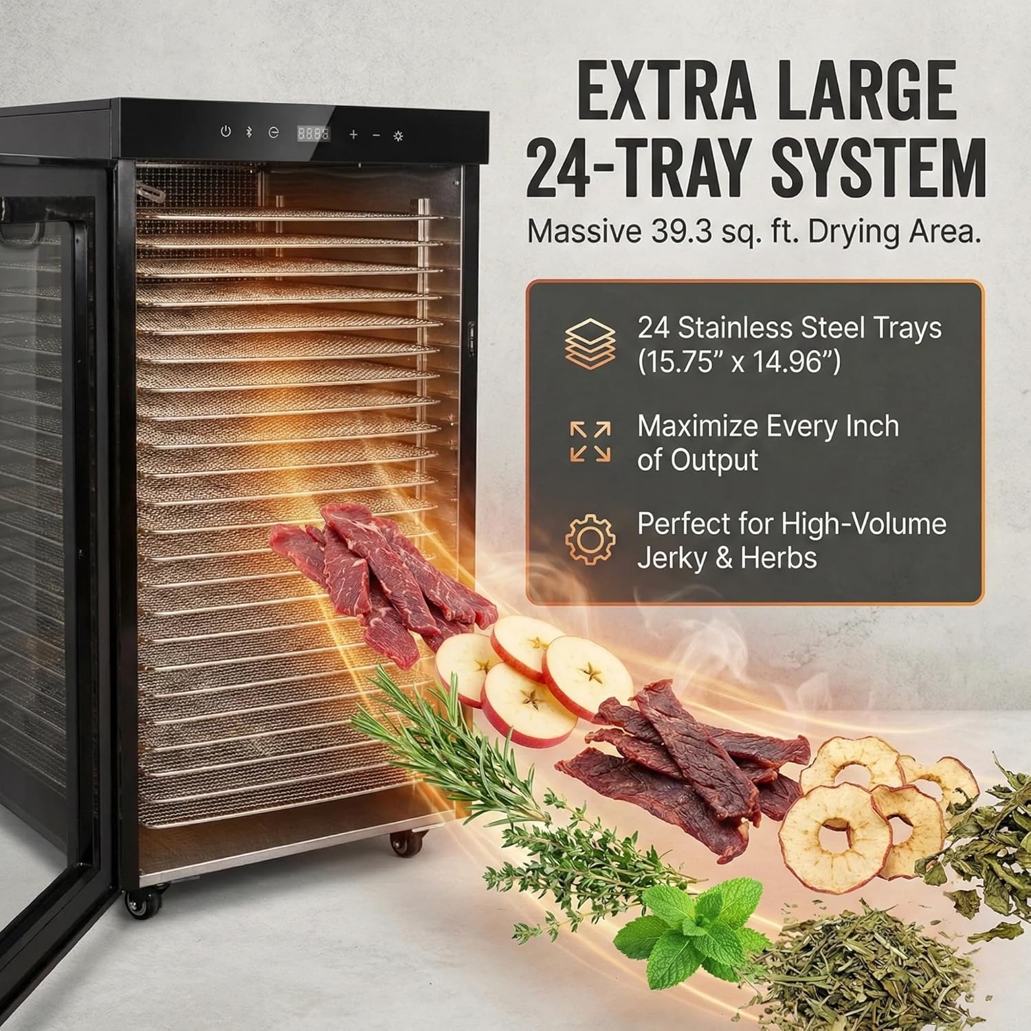 Commercial Food Dehydrator 24 Trays Black with Stainless Steel Trays, 1600W Dryer for Jerky, Fruit, Herbs & Candy, 24H Timer & 86-194°F Thermostat, 39.3 ft² Drying Area Mobile Design with Wheels