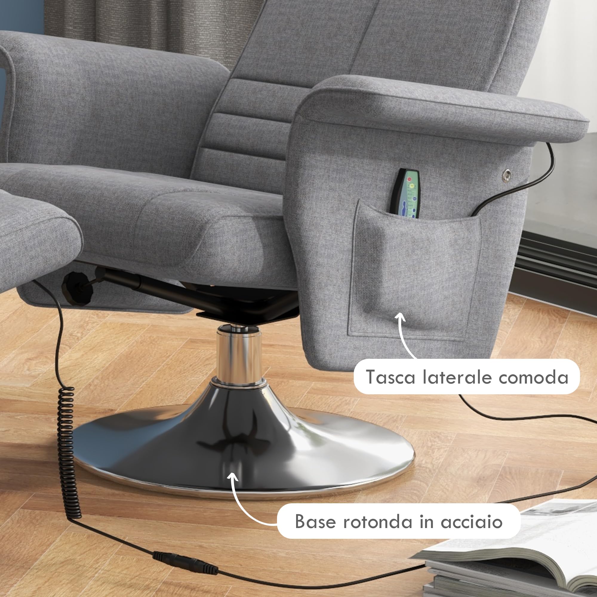 HOMCOM Poltrona Massaggiante a 8 Punti e Reclinabile con Telecomando e Poggiapiedi, Poltrona Relax in Acciaio e Tessuto Effetto Lino, 78x90x93 cm, Grigio Scuro