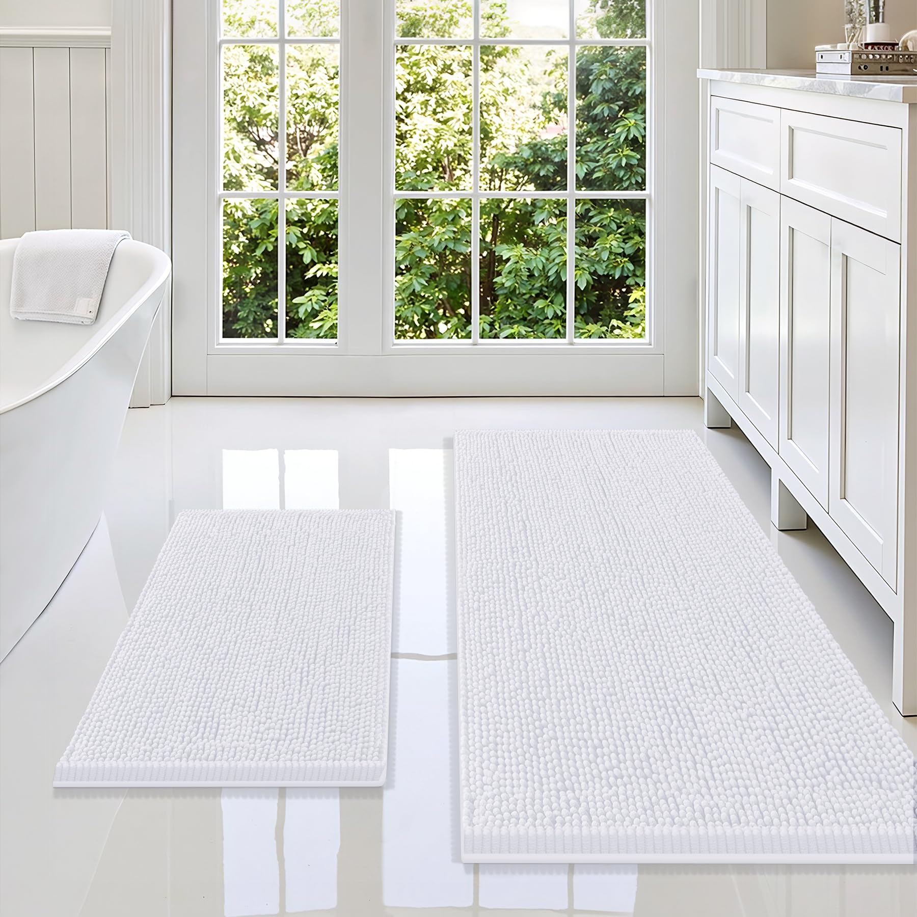Smiry Chenille Bathroom Rugs Sets 2 Piece (47x20+24x16, White)