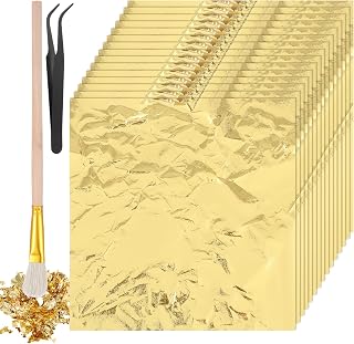 Gold Leaf Sheets for Art, 150 Pcs Gold Foil Sheets Foil Craft with Tweezer & Brush for Painting, Resin, Gilding, Nails, DIY Greeting Card, Rock Painting 5.31" X 5.12"