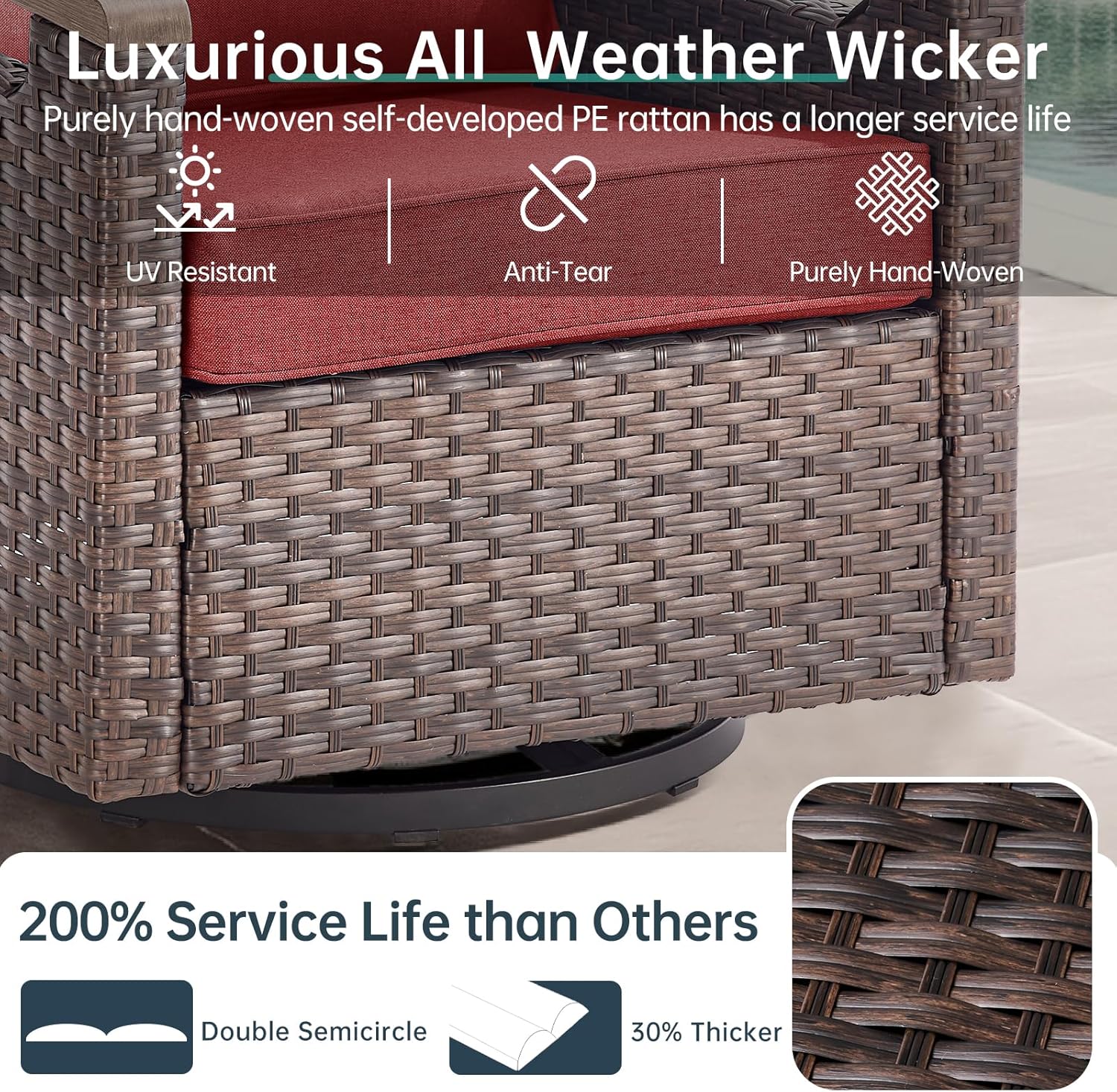 Luxury Outdoor Swivel Rocker Patio Chairs Set of 4 - Heavy Duty 4 Piece Patio Furniture Set All Weather Wicker Glider Set with Comfort Thick Cushion for Porch, Poolside and Deck - Red