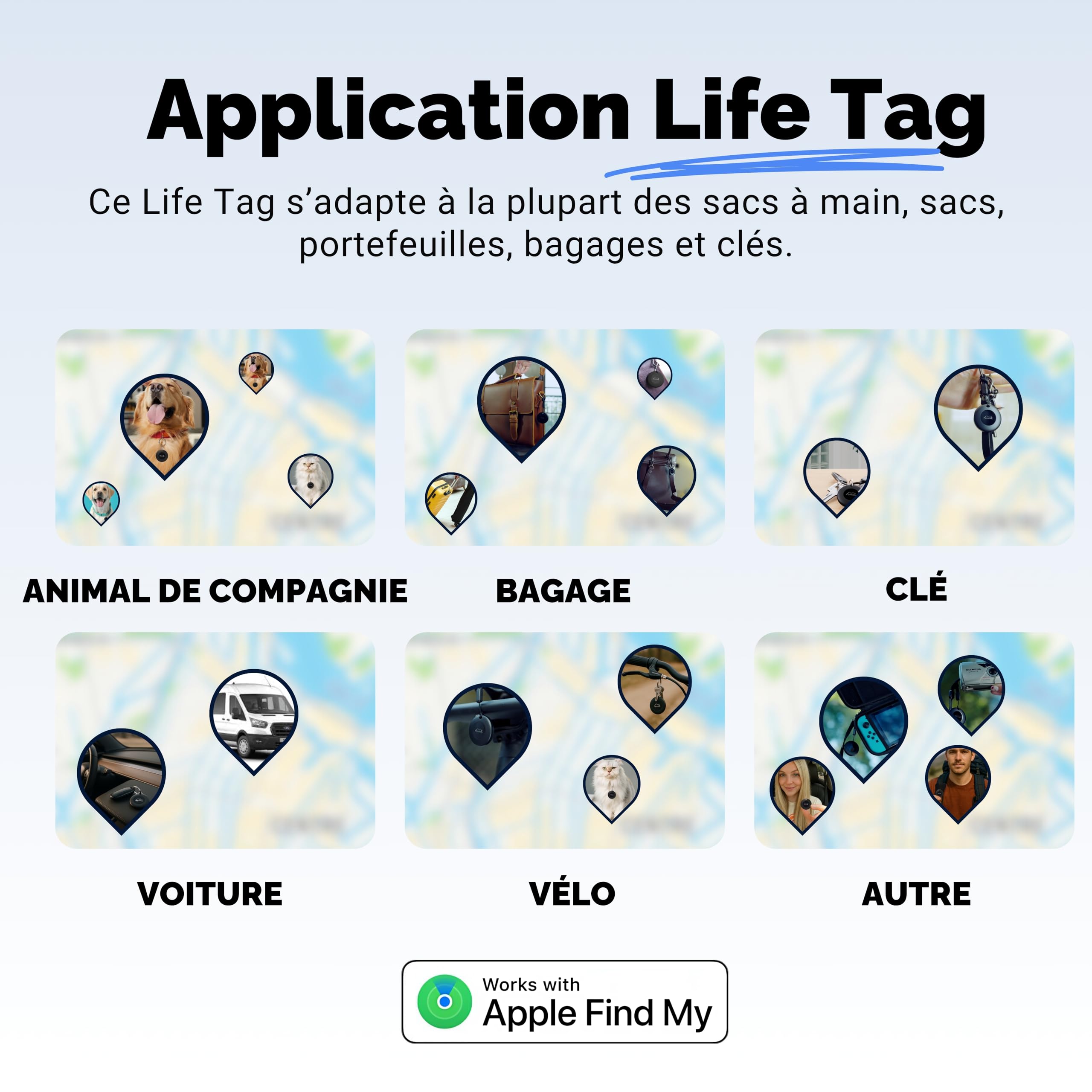 Lifemate Life Tag 6-Pack – Traceur Bluetooth Compatible Apple iOS “Localiser”, Traceur GPS Étanche IP67, Longue Autonomie, Alternative Apple Airtag for Children, pour Clés, Sacs, Valises