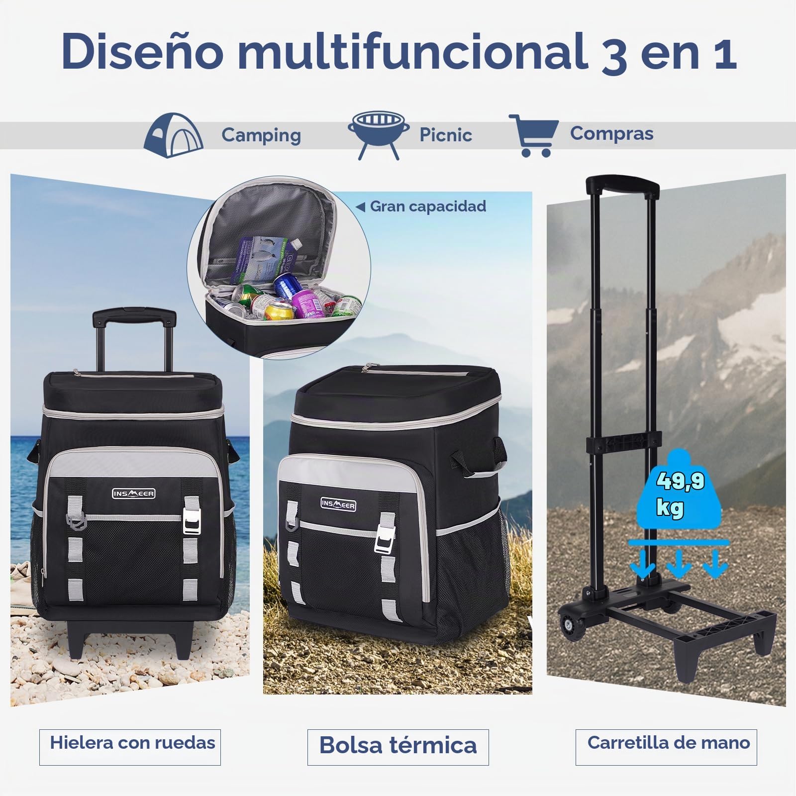 INSMEER Nevera grande con ruedas 50L/80 latas, diseño plegable 2 en 1 | Nevera térmica portátil de lados suaves, familia de 4, picnic playa, compras, viajes, XXL