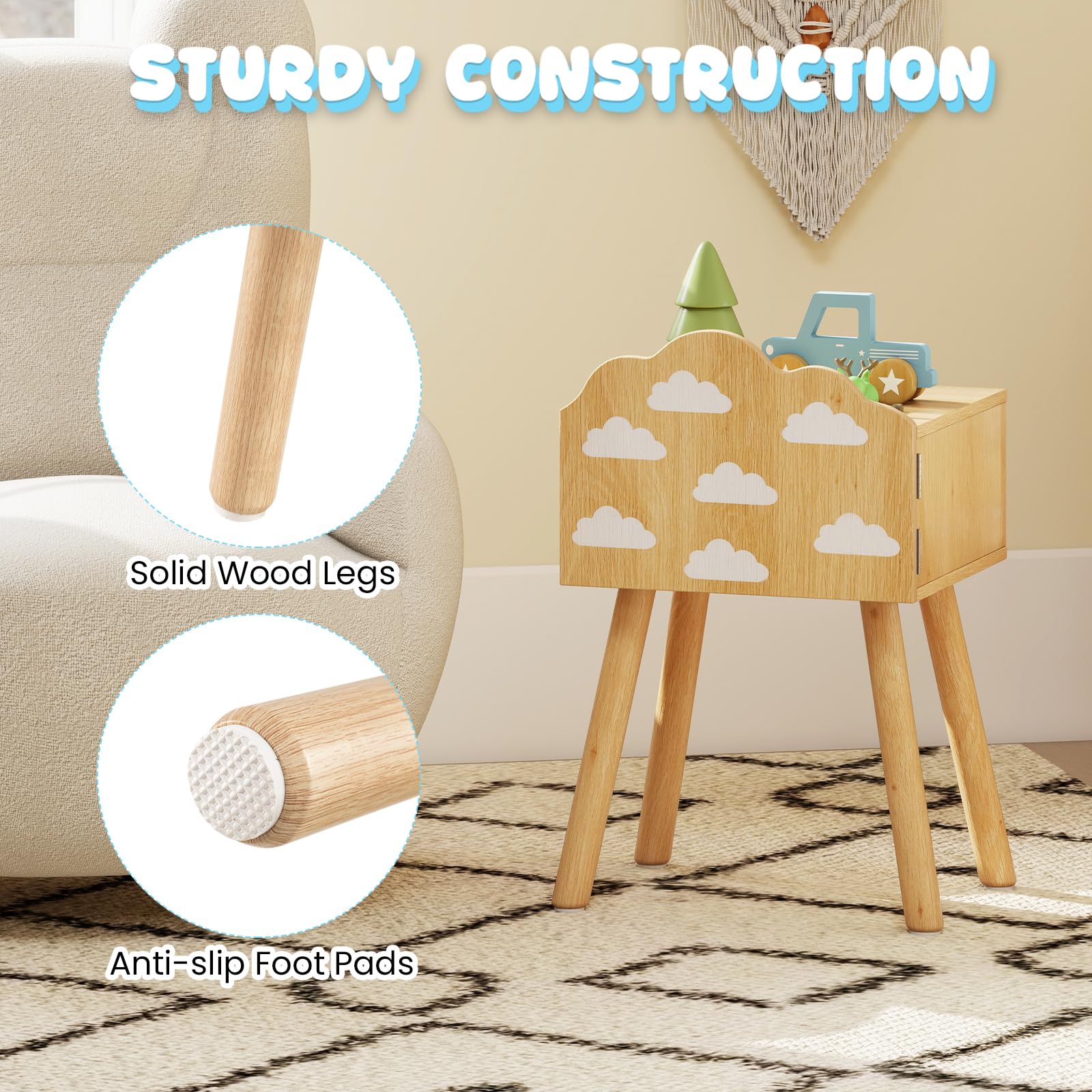 KOMFOTTEU Set di 2 comodini per bambini, comodini per bambini, con gambe in legno massello, tavolino ausiliario con dispositivo antiribaltamento, tavolo testiera con motivi arcobaleno e nuvole