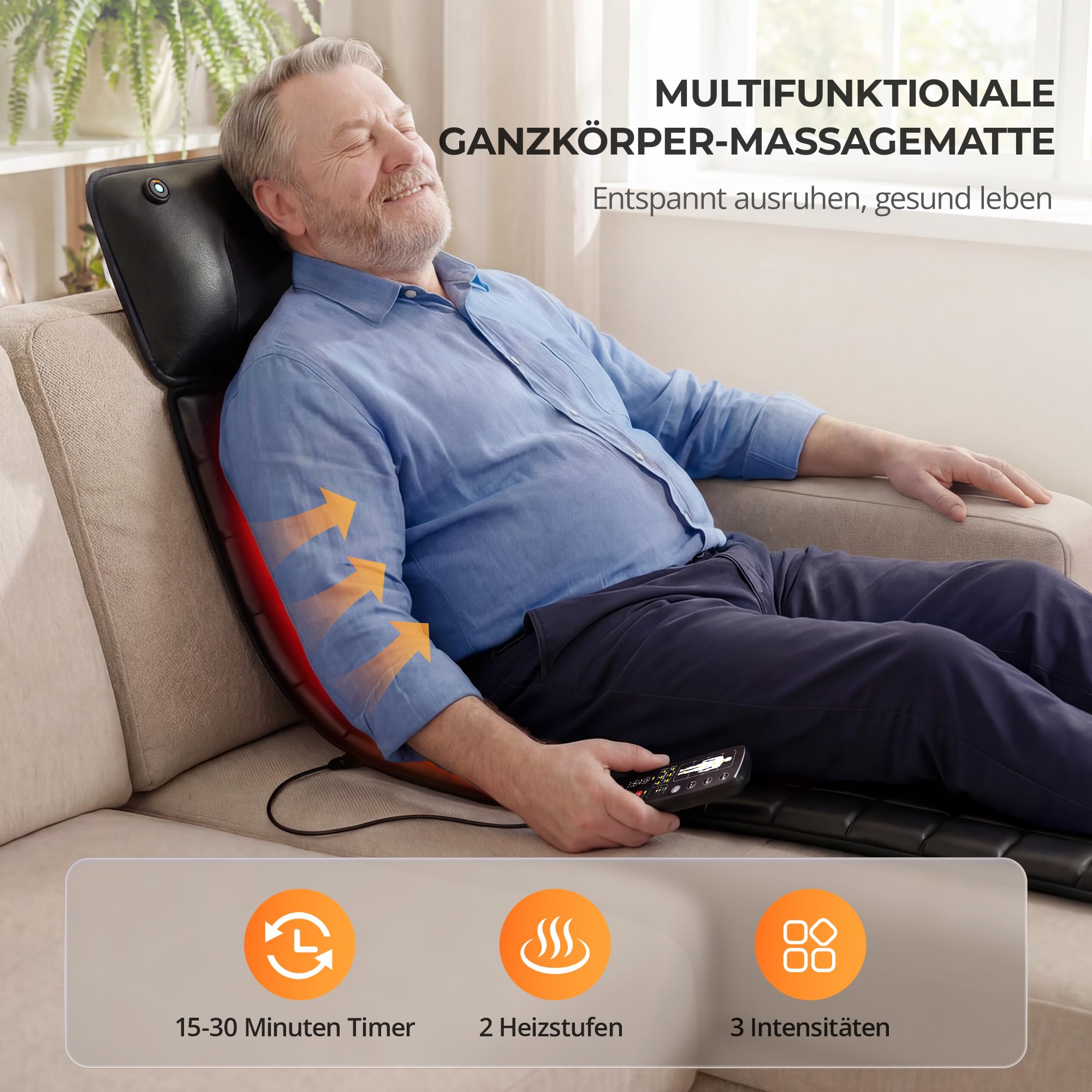 Massagematte mit Shiatsu-Nackenmassage & Wärme, Ganzkörper Massagematte mit 10 Vibrationsmotoren für Rücken, Taille und Beine, Elektrische Massageauflage für Zuhause & Büro, Schwarz