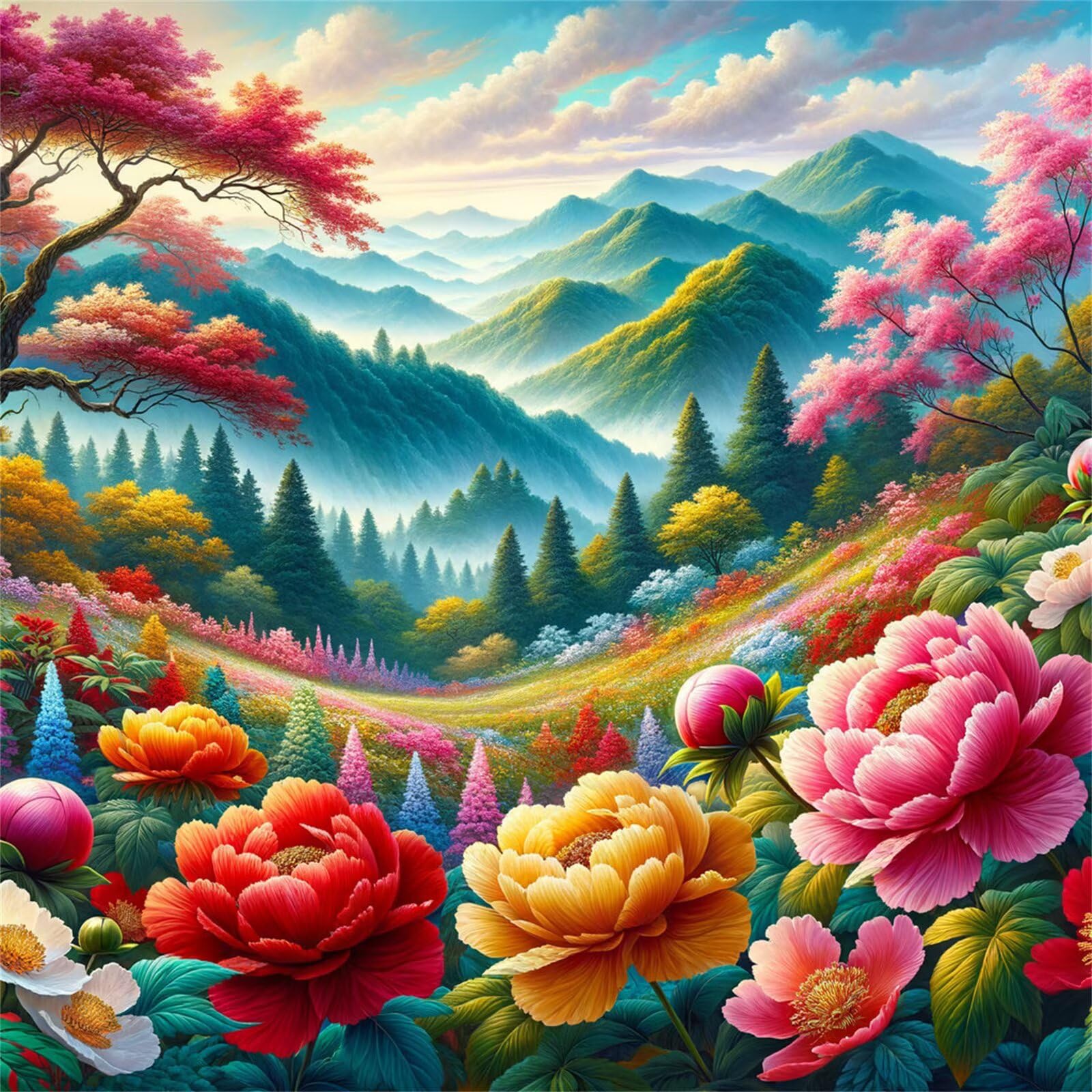 Diamond Painting Peonías de campos panorámicos,5D Diamond Painting Kit Completo,DIY Cuadros de Diamantes para Adultos,Rhinestone Bordado Punto de Cruz Manualidades Hogar Pared Decoración 85x85 cm