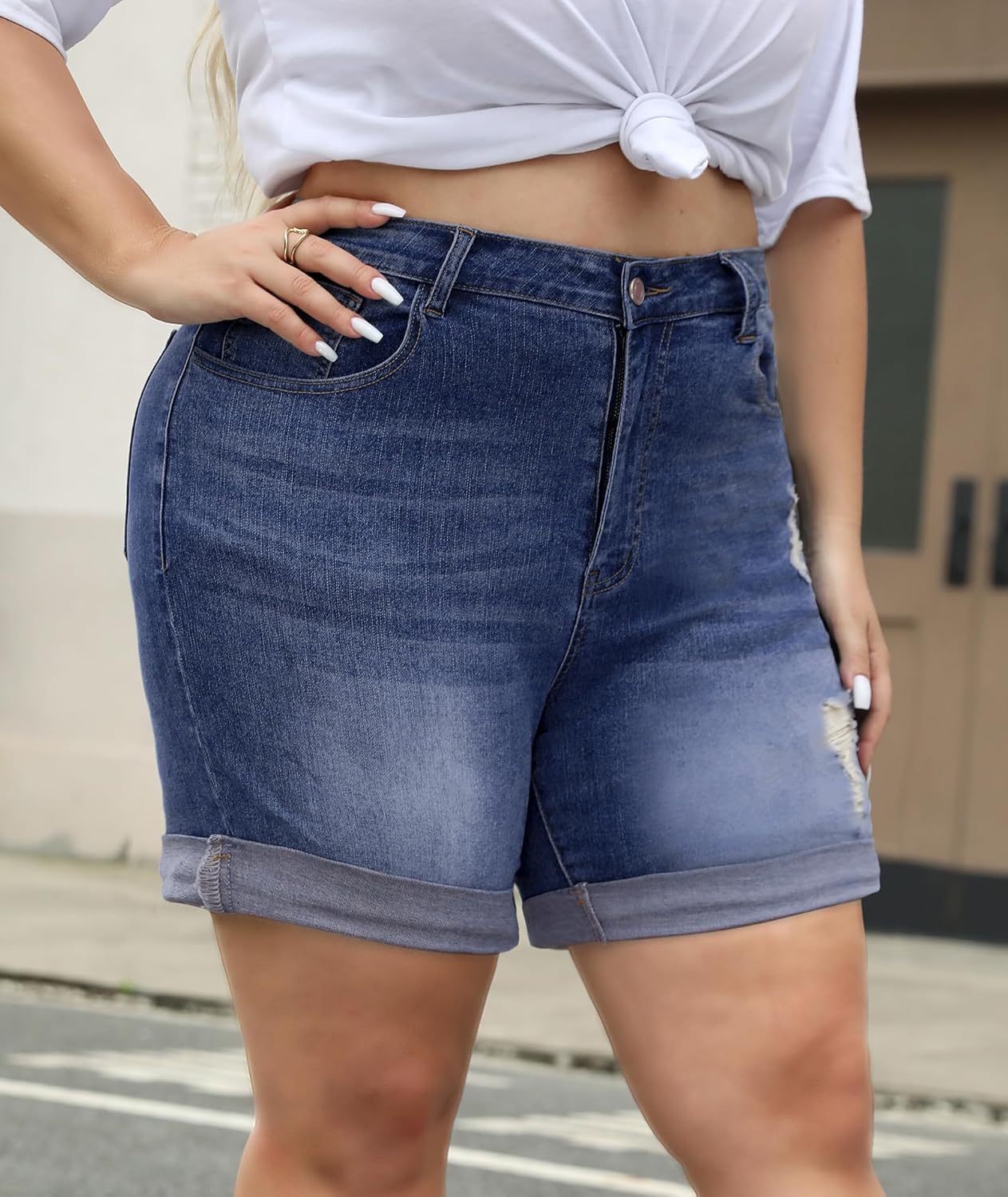 LALAGEN Women Plus Size Jean Shorts Stretchy High Waisted Distressed Ripped Denim Shorts Trendy Summer Casual Jorts - Image 5