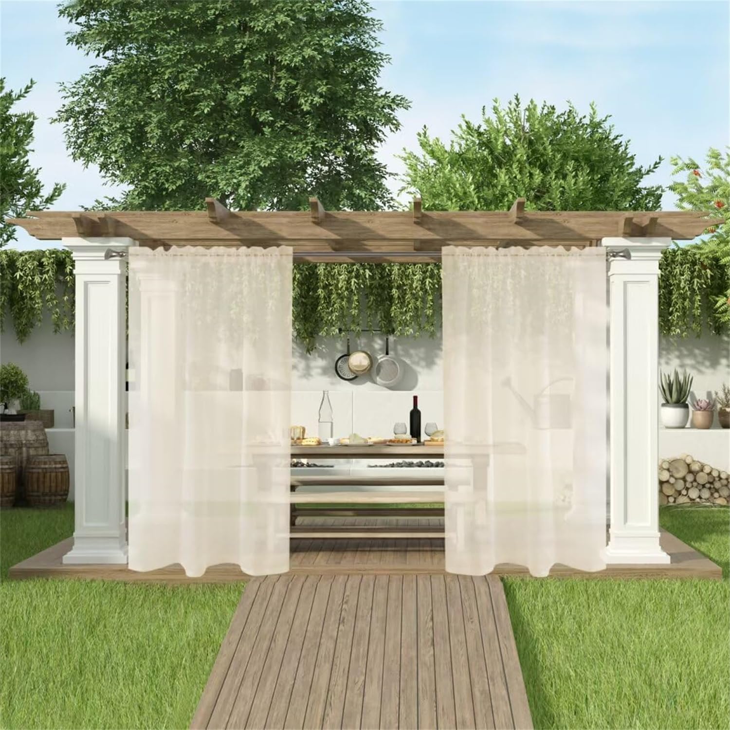 LINGKY Outdoor Vorhang Wetterfest Transparent Sonnenschutz Outdoorvorhänge Wasserdicht Voile Vorhang Outdoor Gardinen 2 Stück für Terrassentür Pavillon Veranda (B132xH213cm,Elfenbein)