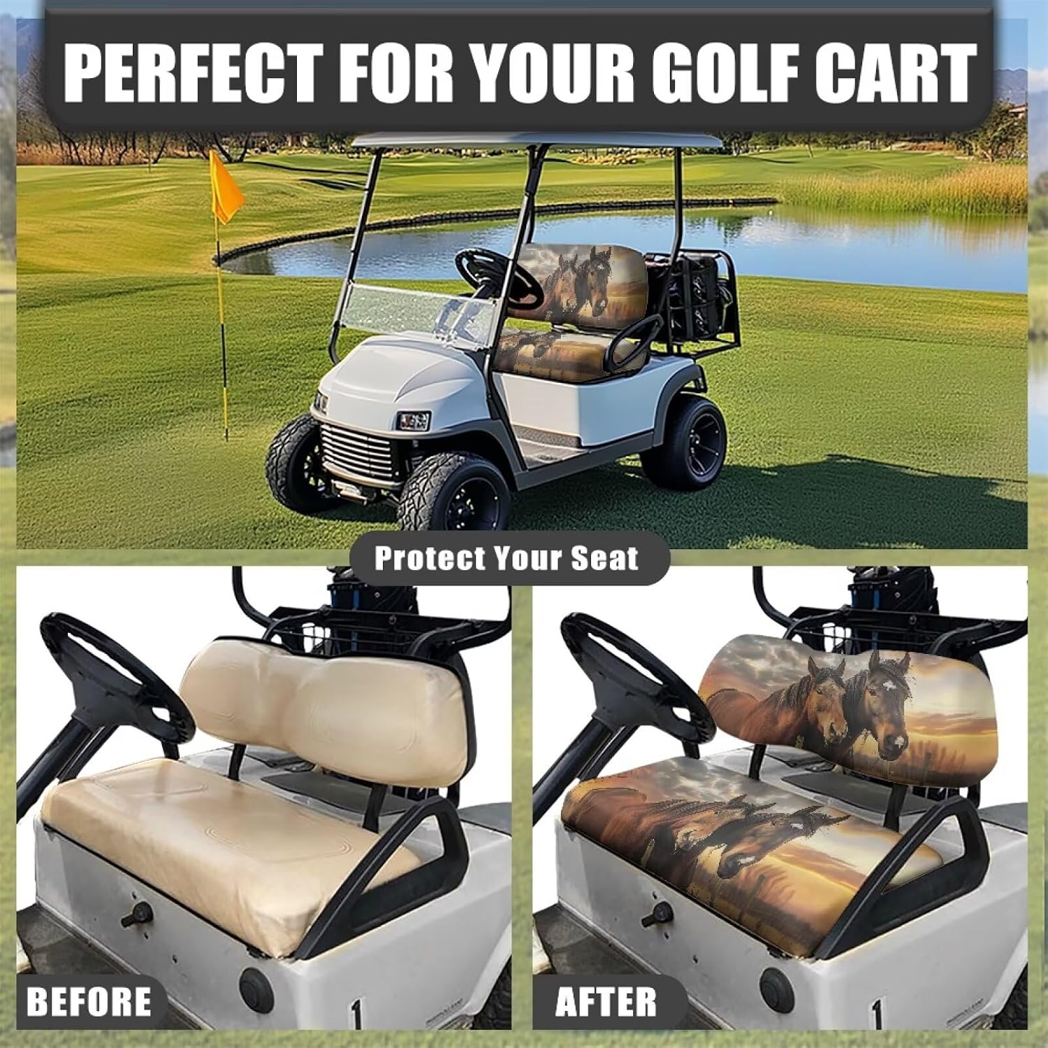 Golf Cart Seat Covers, Golf Cart Backrest and Bench Seat Covers 2 Pieces Non-Slip for Most 2 Person Seats Cushion